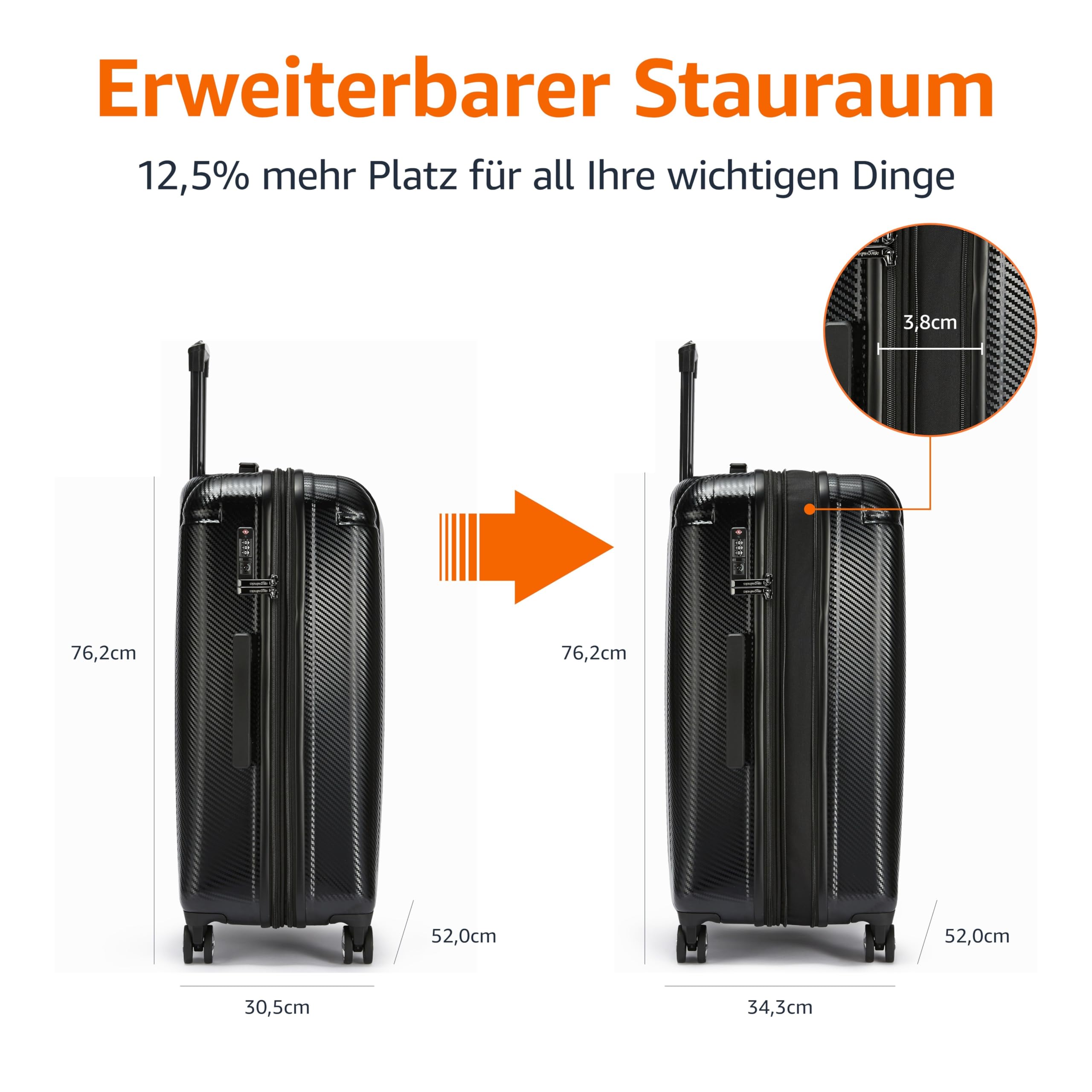Amazon Basics Hartschalenkoffer, großer Koffer mit Rollen, Oxford Spinner mit TSA-Schloss, vier Rollrädern und kratzfester Oberfläche, 76 cm, schwarz