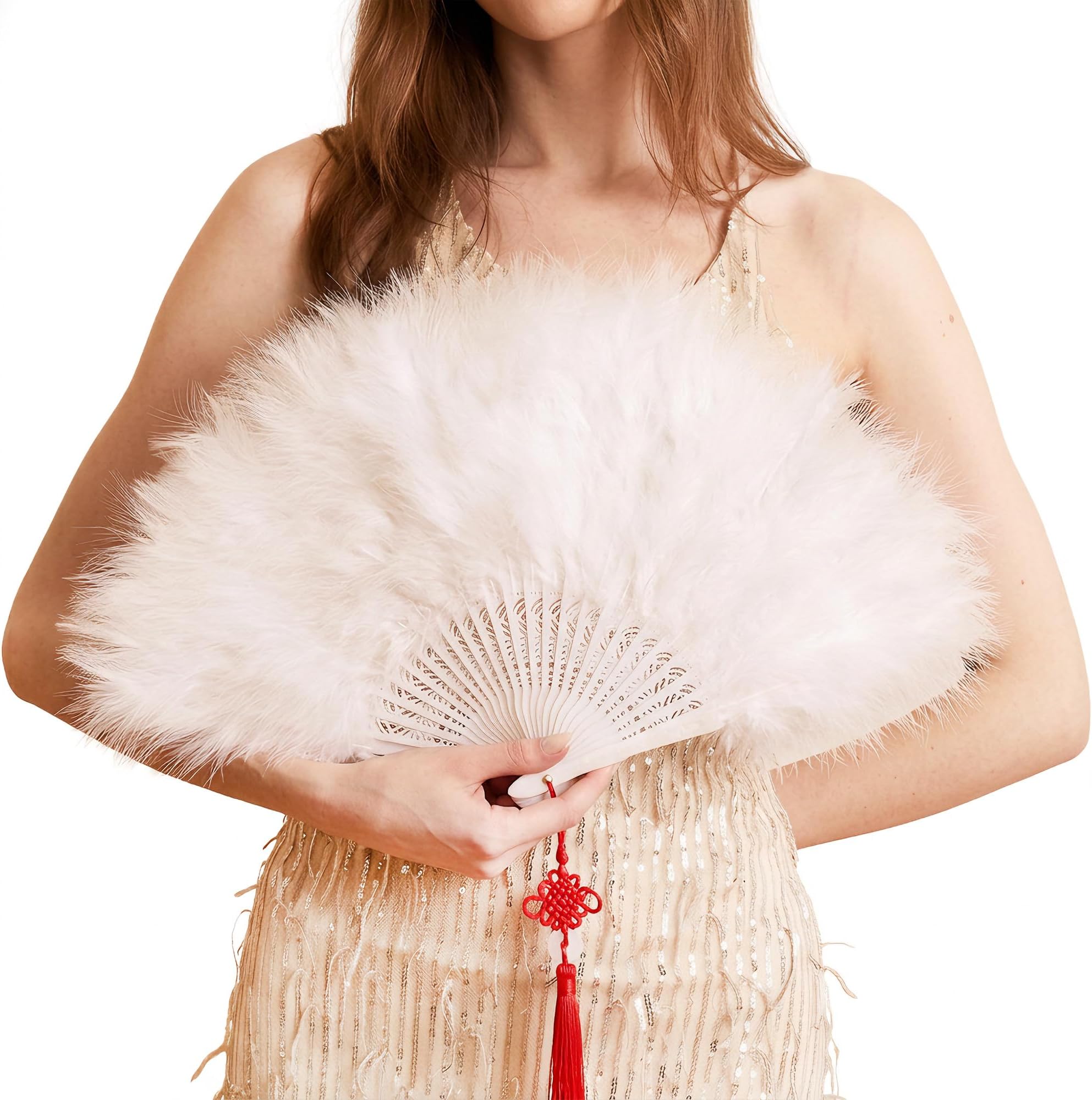 Happy Feather Handheld Marabou Feather Fan, 1920s Vintage Style Flapper Hand Fan for Costume Party and Dancing-WHITE