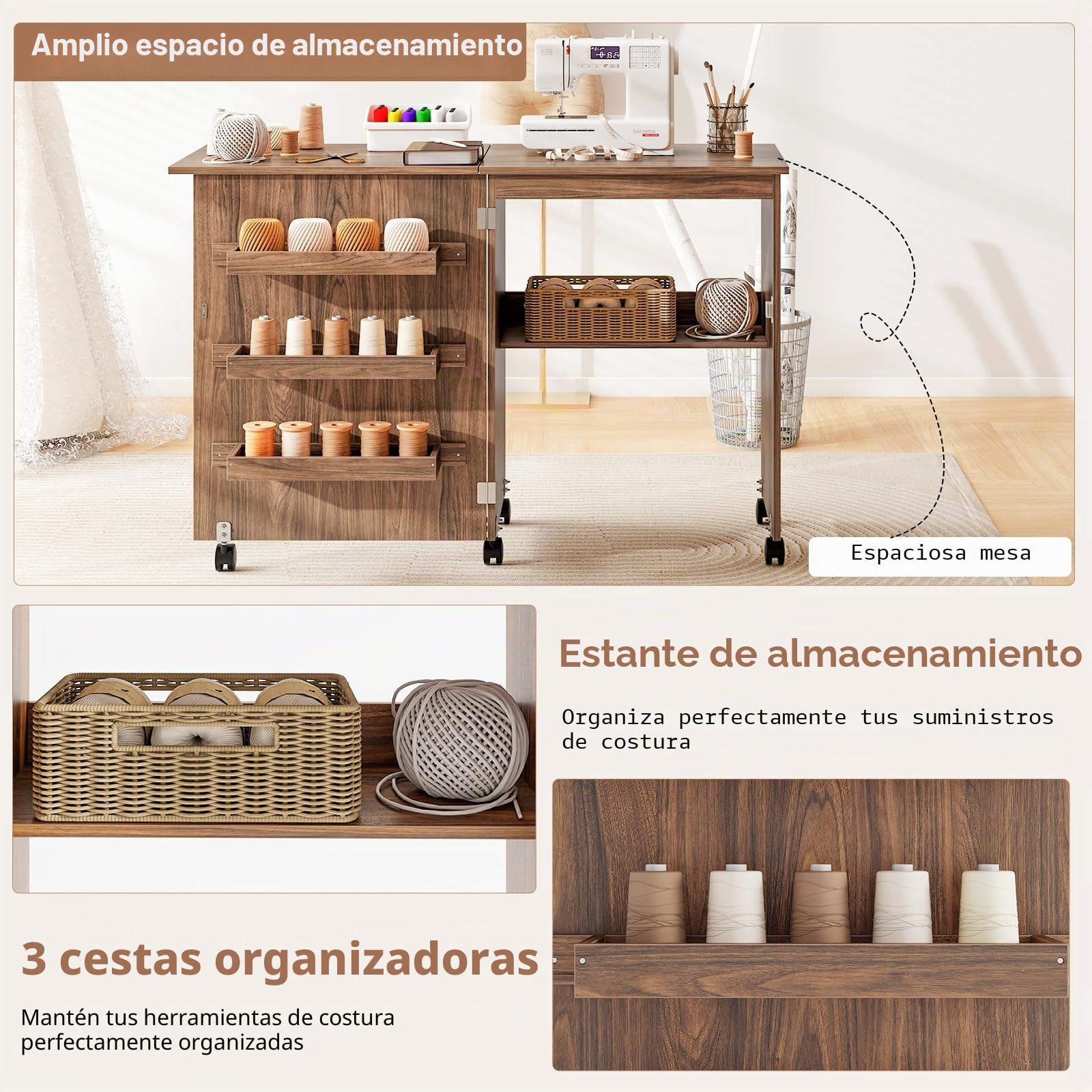 GIANTEX Armario de Costura Plegable con 5 Ruedas, Mesa de Coser con 3 Compartimentos y 1 Estante, Mueble para Máquina de Coser, Mesa Multifuncional para Manualidades, Ordenador (Marrón)