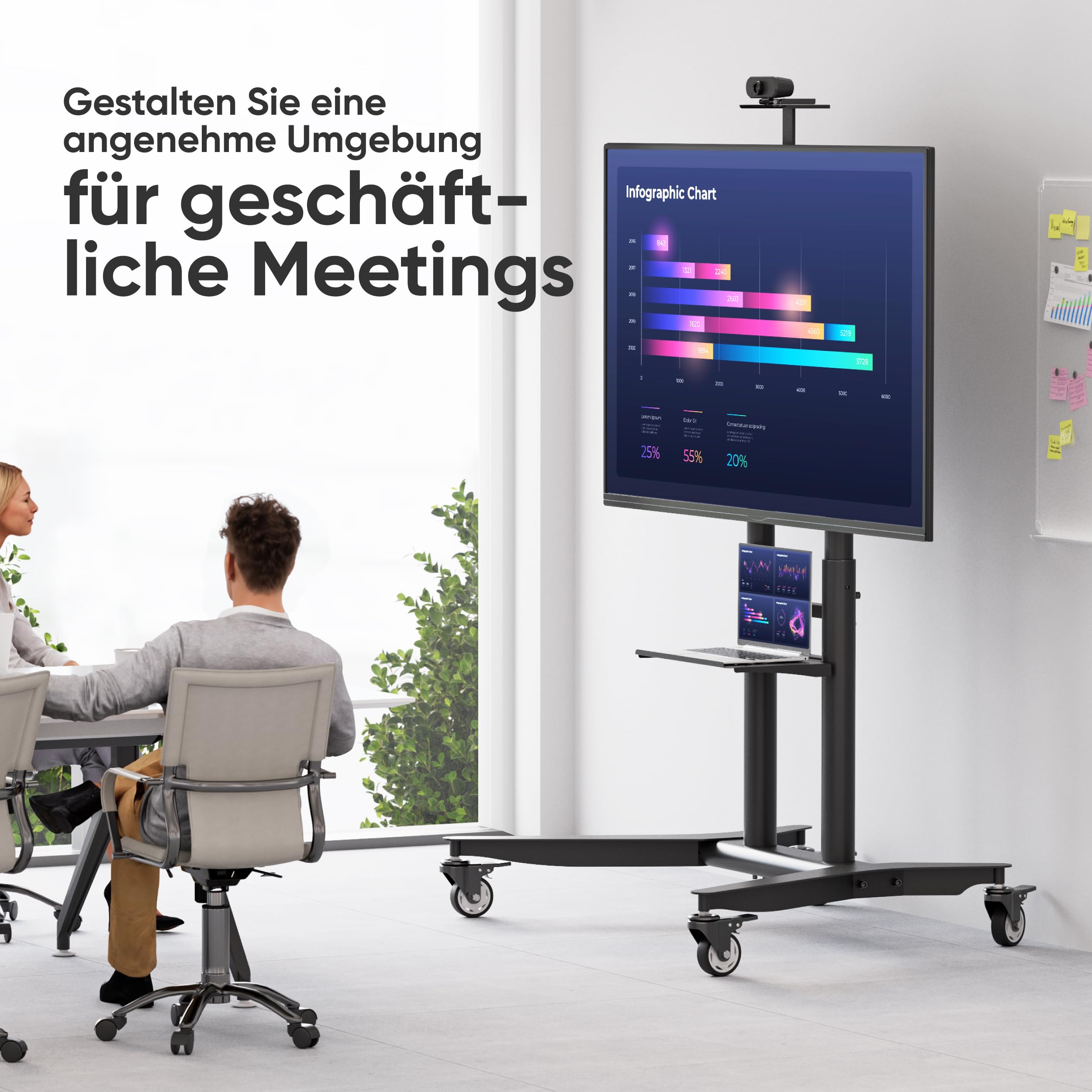 ONKRON TV Ständer rollbar für 55-90 Zoll Fernseher, max Belastung 90 kg, TV Rollwagen höhenverstellbar, VESA 200x200-800x600, professioneller Fernsehständer mit Rollen, Ablage Schwarz TS1871-B