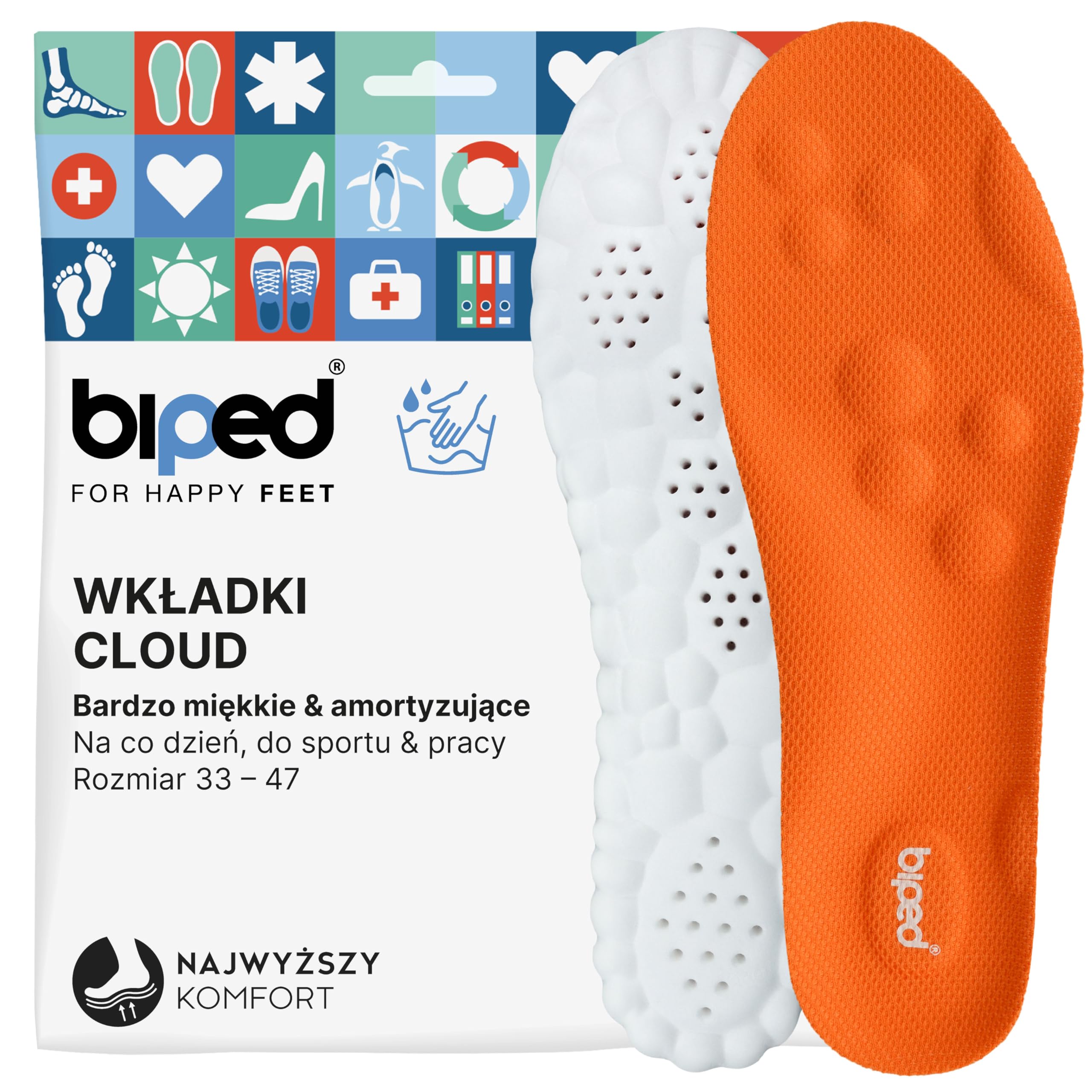 biped wkładki Cloud wyjątkowo miękkie do sportu, codziennego użytku i butów roboczych – Ortopedyczne amortyzujące wkładki z poduszką piętową – Pianka masująca z2938(orange,36-38)