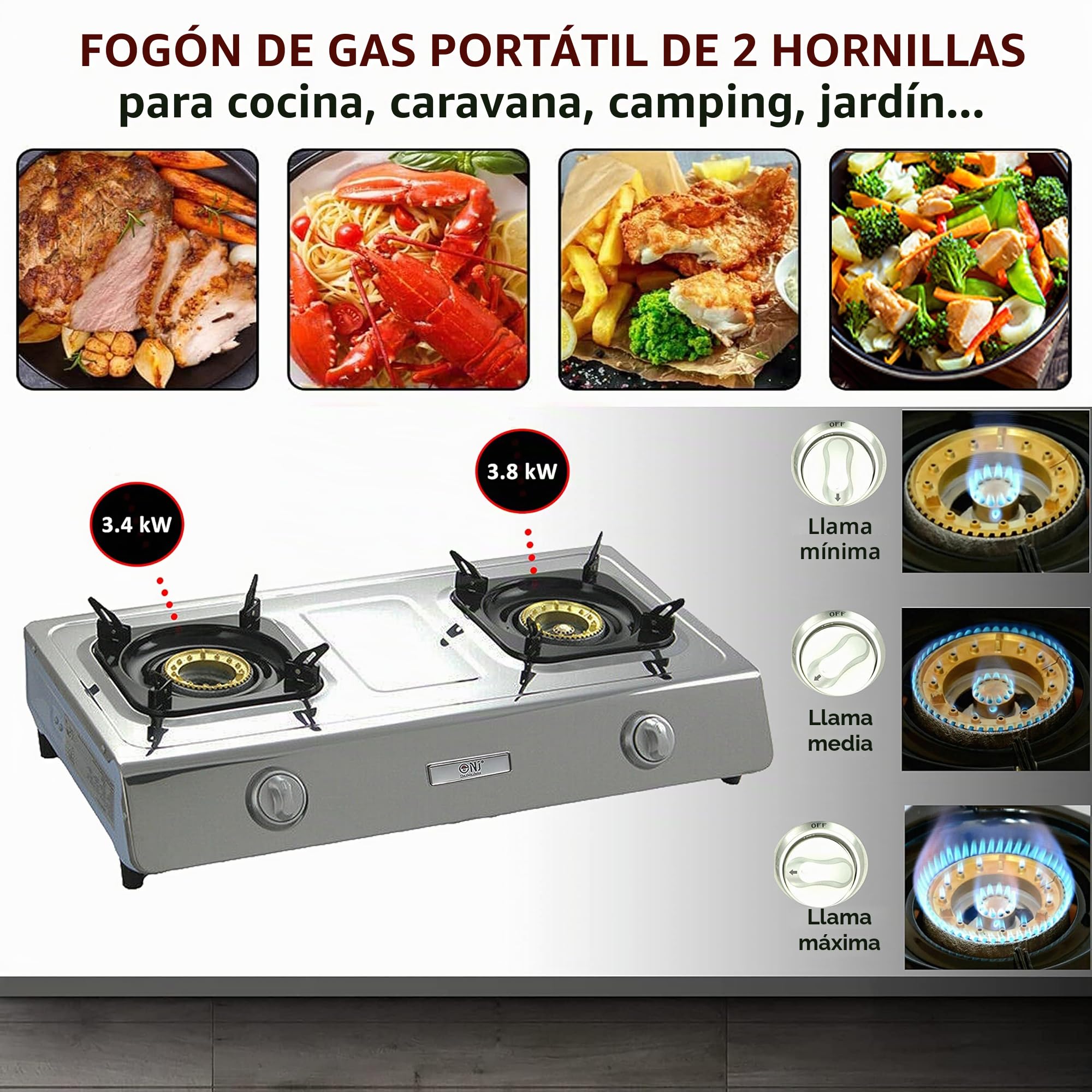 NJ NSD-2 Cocina de Gas Portatil - 2 Fuegos Hornillo para Interior GLP 7.2 kW