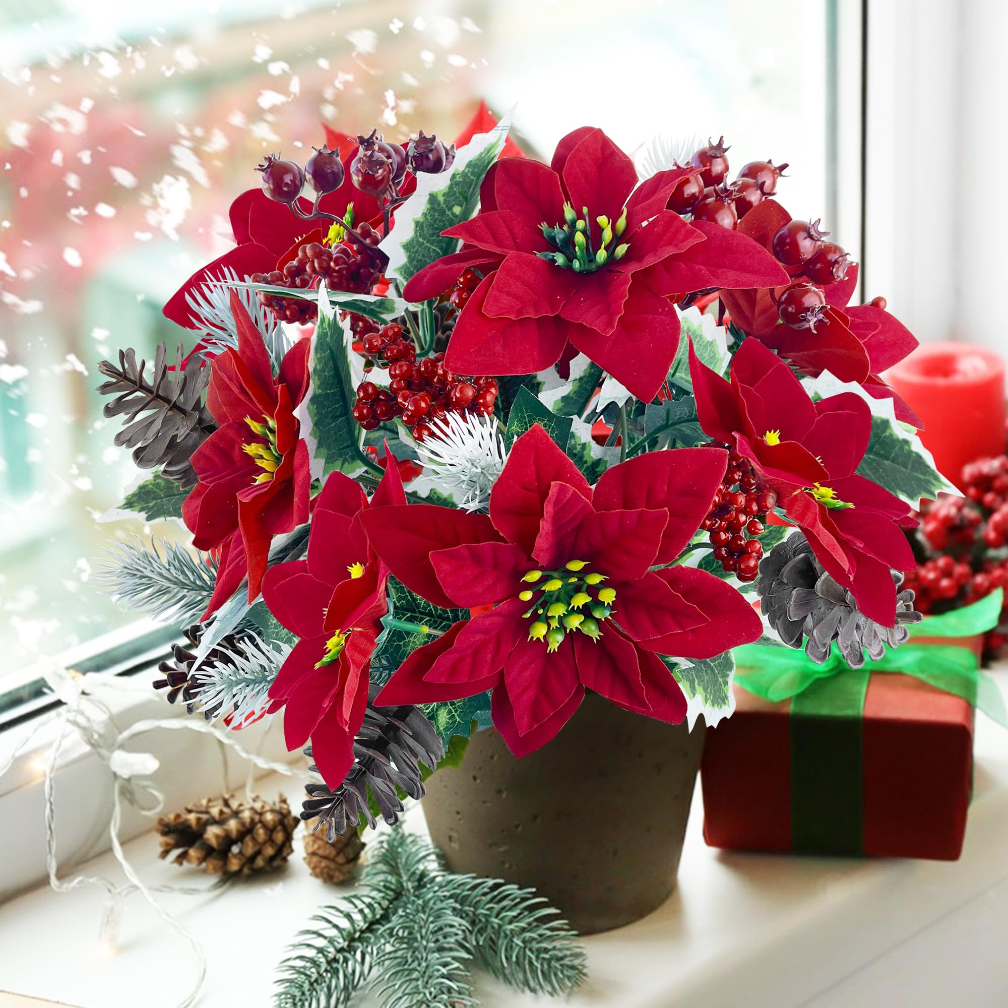 ROLLWAY Künstliche Weihnachtsstrauß, 4 Stück Tannenzweige & Weihnachtsstern