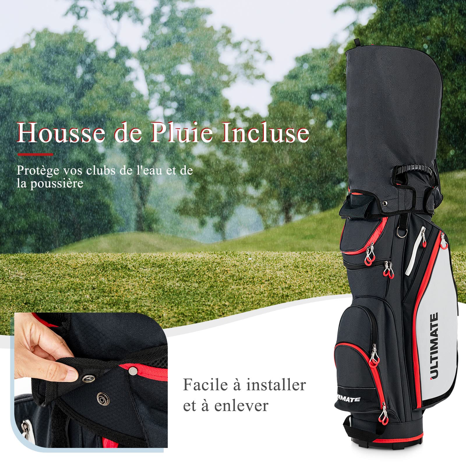 GYMAX Sac pour Chariot de Golf, Grande Capacité avec 14 Compartiments, 8 Poches, Sac pour Golf avec Capuchon de Pluie, Bandoulière