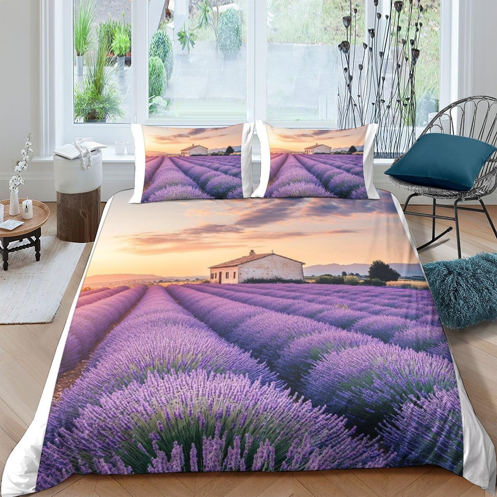 Ctjqhvkz Style-4 3D Printed Lavender Field Fitted Sheet Microfiber Sunset Landscape Bed Cover Non Slip For Bedroom Decor Dorm Mattress Single（135X200cm）