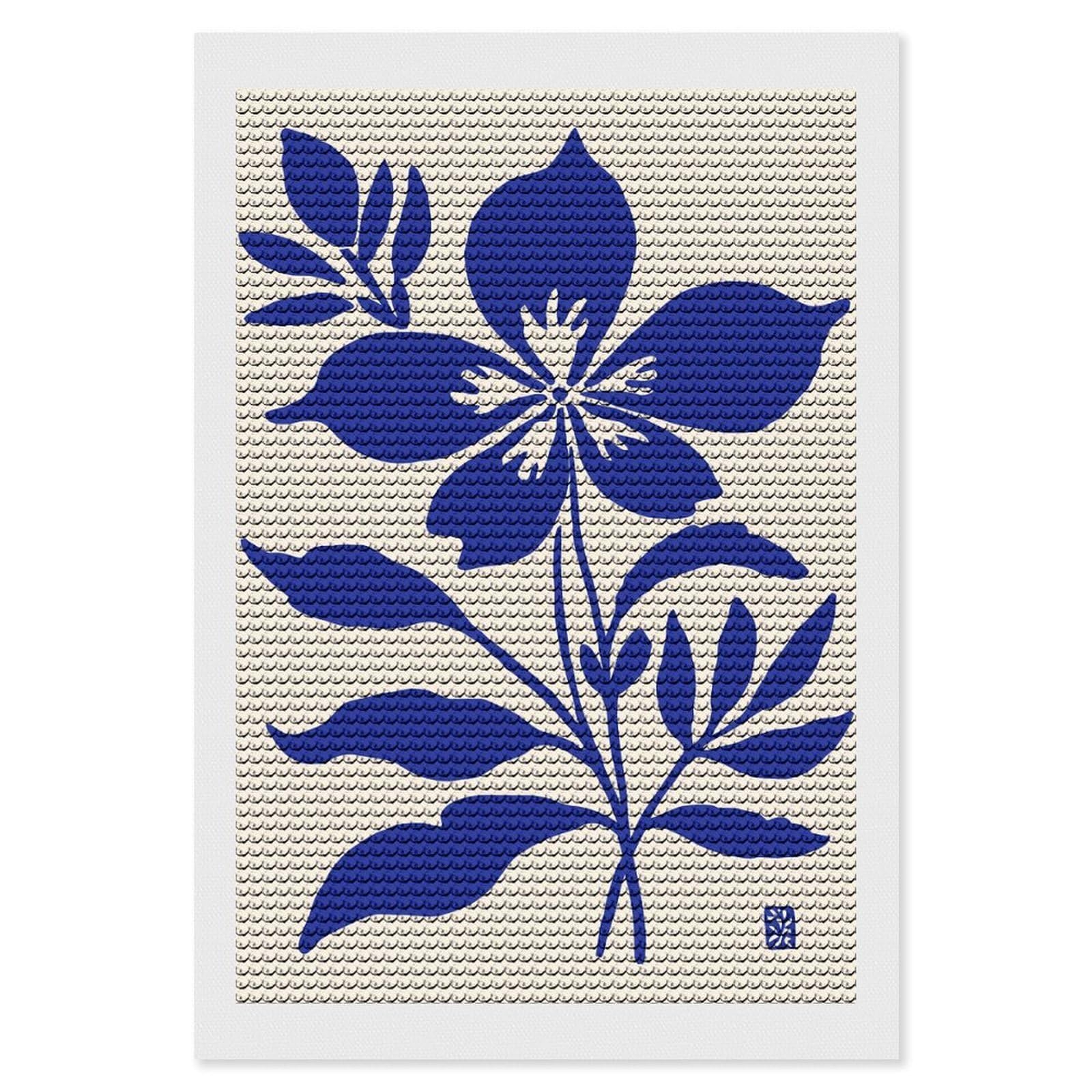 Junmoney Blue Flower Illustration on Beige Background 5D Diamond Painting Kit 8"x12", Relaxing DIY, Mindful Craft Project, Full Kit Included, Thoughtful Present