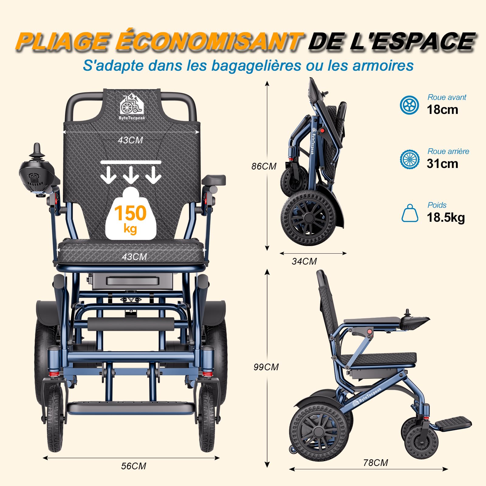 D14 Fauteuil Roulant Électrique Pliable Léger | Autonomie 25 km, Moteur Sans Balais 500 W, Batterie Amovible 12 Ah, Aluminium, Charge 150 kg, Homologué Avion