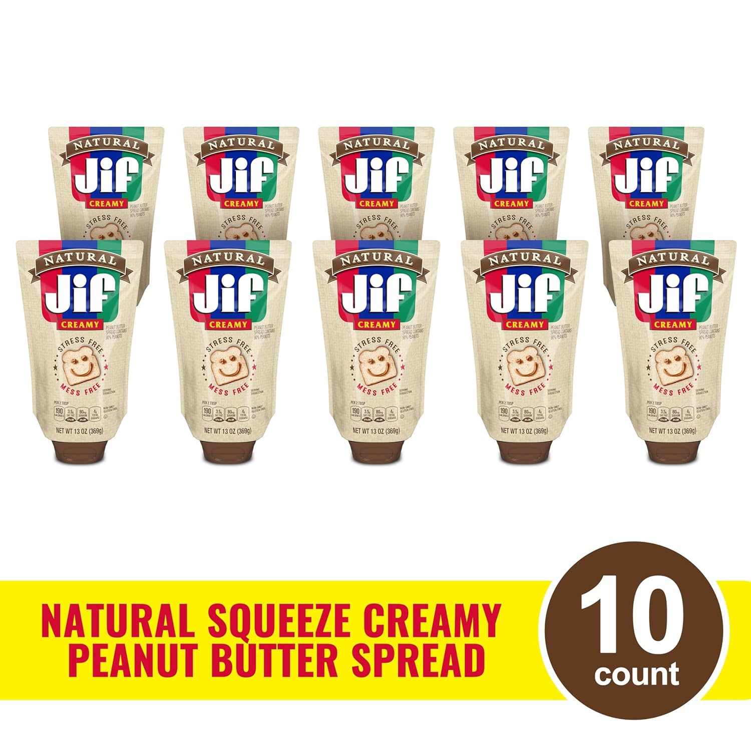 Jif Natural Squeeze Creamy Peanut Butter, 13 Ounces (Pack of 10), Smooth, Creamy Texture, Portable Peanut Butter Pouch
