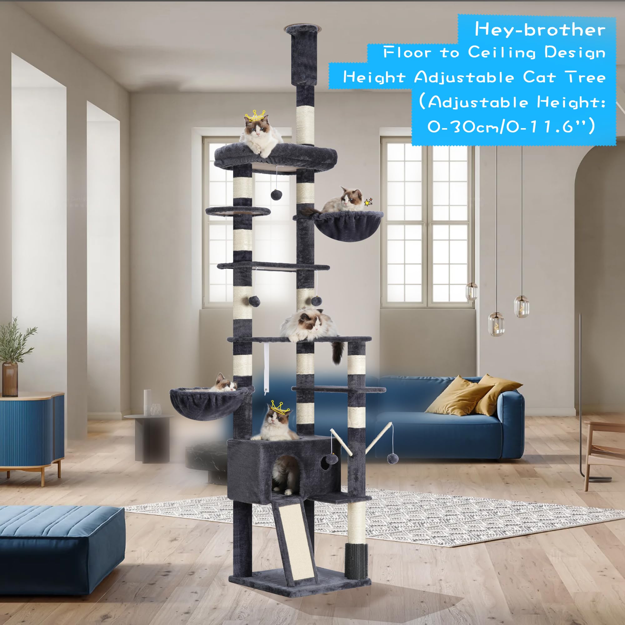 Hey-brother Kratzbaumturm, höhenverstellbar, vom Boden bis zur Decke, MPJ091G | 94.5-106.3 Zoll Mehrstöckiges Katzenhaus Kratzbäume Plüsch Condo Plattform Spielzeugball für Indoor Big Cats Rauchgrau