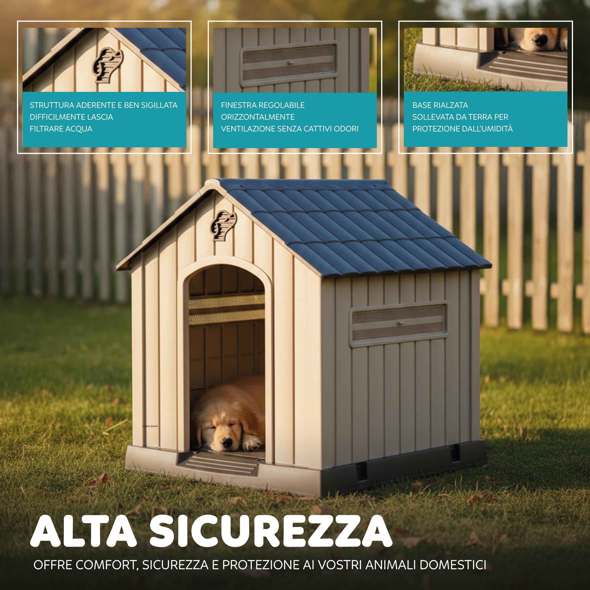 Aqpet Cuccia per Cani in Plastica Impermeabile da Esterno e Interno – Casetta con Pavimento Rialzato e Sistema di Ventilazione – Rifugio Resistente per Cani di taglia Grande 93x99x98hcm