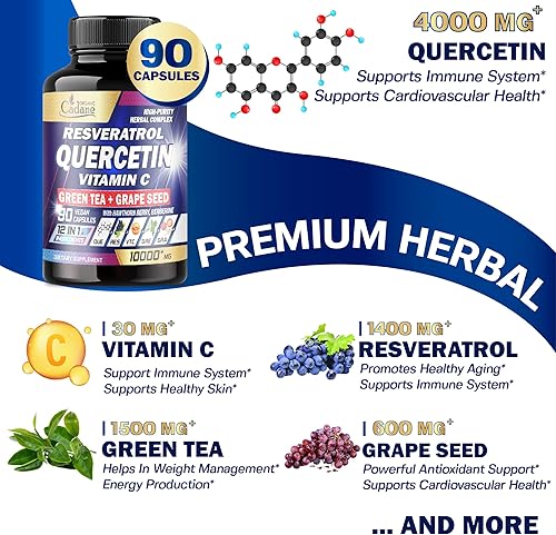 Miniatura 3 de Organic Cadane Suplementos de quercetina de 10000 mg  Manejo corporal, sistema inmunológico y apoyo articular  12 en 1 mezclado con resveratrol,