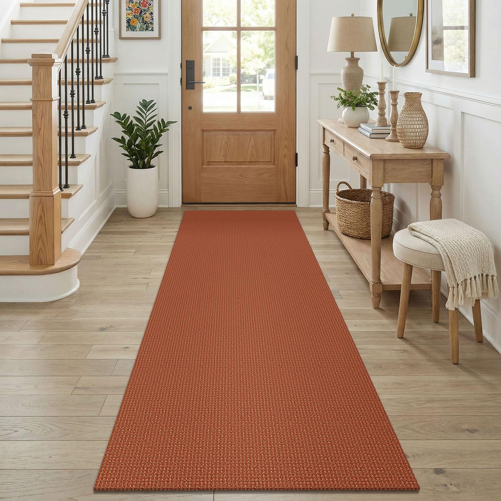 KOZYFLY Orange Runners for Hallway 2.5'x8', Washable Runner Rug, Woven Non Slip Kitchen Runner, Braided Entryway Rug, Floor Carpet for Foyer, Bedroom, Hall, Burnt Orange/Tan — image 1