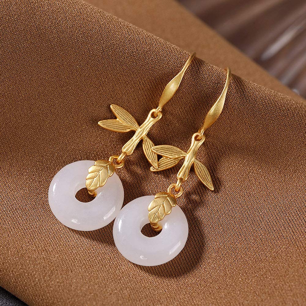 Vintage Largo Aretes De Plata Esterlina S925 Mujeres La Paz Jade Blanco Hebilla Bambú Chapados En Oro Encanto Elegante De Estilo Chino De Gama Alta De Temperamento Temperamento Don