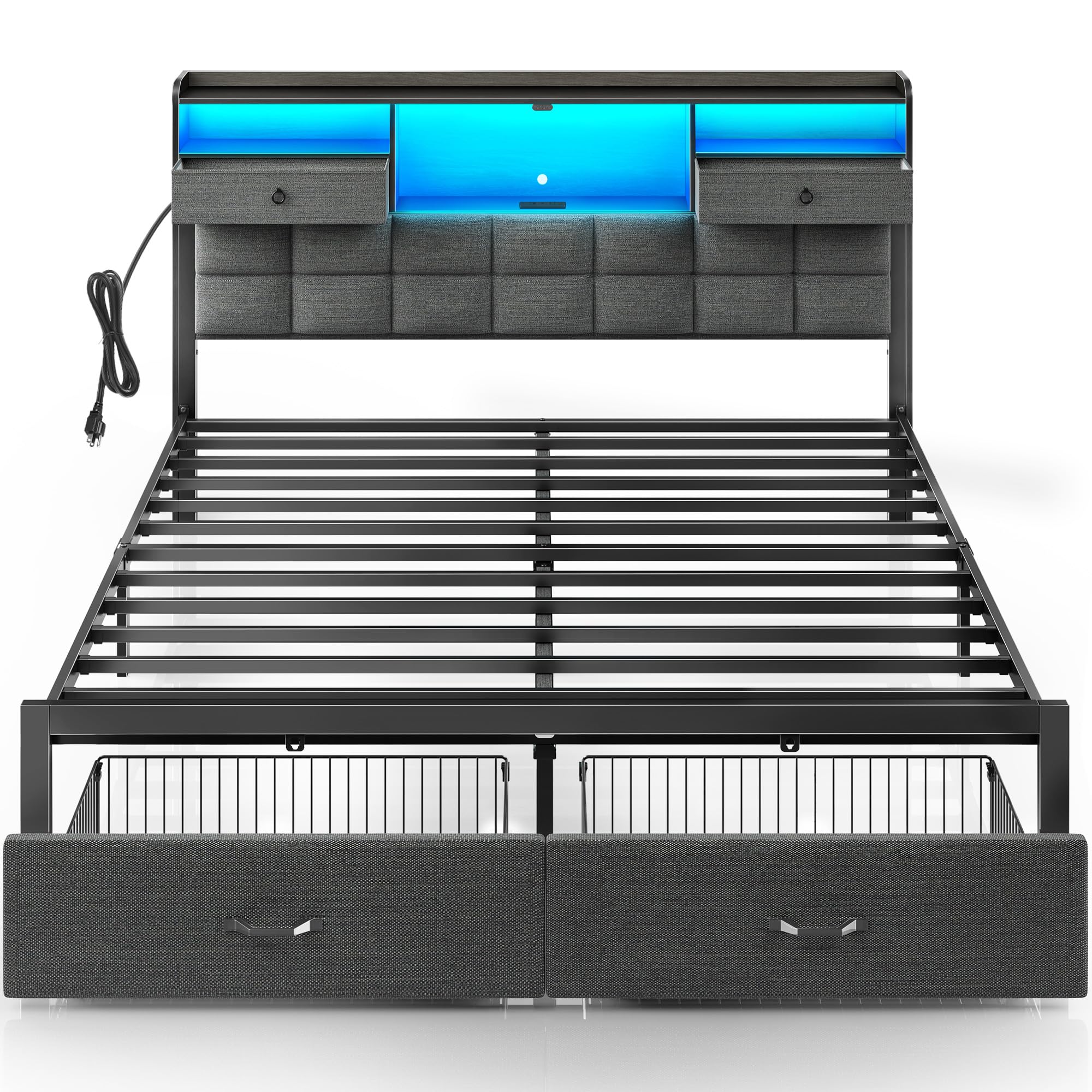 Rolanstar Bed Frame King Size with Drawers and Charging Station, Upholstered Platform Bed with Storage Headboard and LED Light, Heavy Duty Metal Frame Support, No Box Spring Needed, Noise Free, Grey