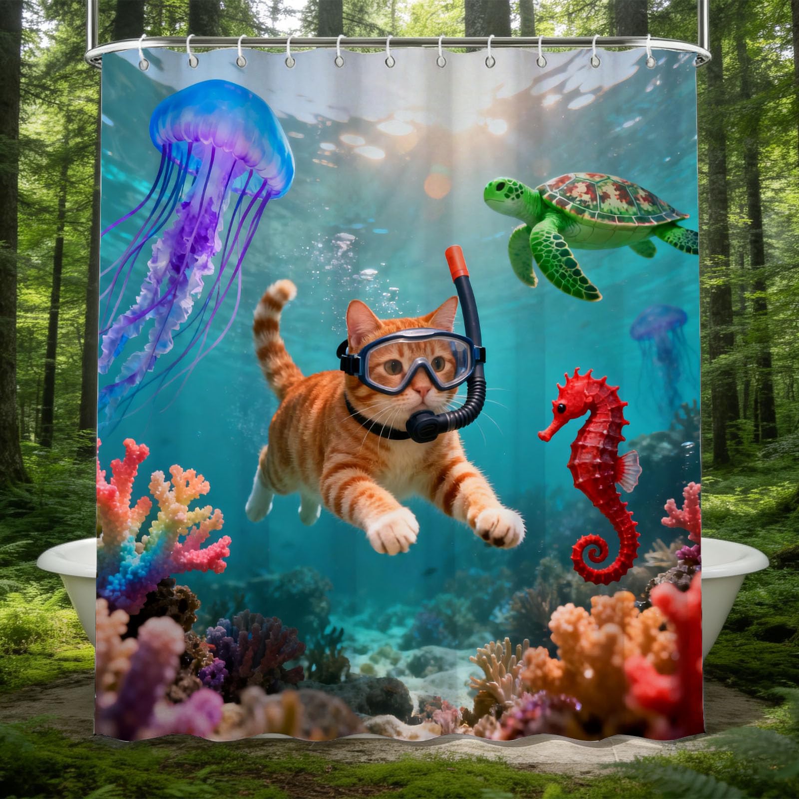 Hongduo 3D Diving Cat Shower Curtain for Stalls Bathtubs Dreamy Bathroom Decor Shower Curtain Set Polyester Fabric Waterproof 180x180cm/71X71 Inch with Hooks