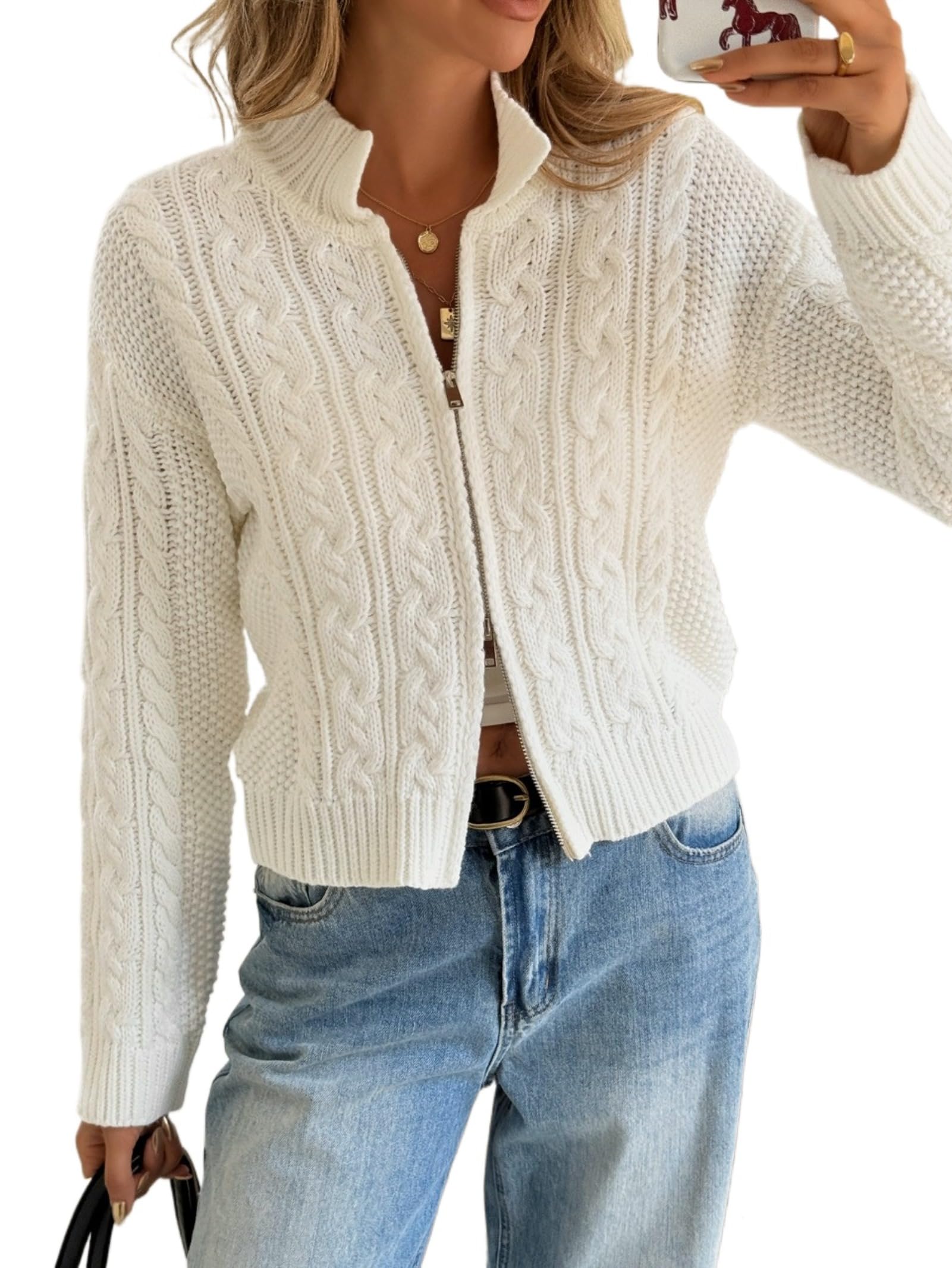 2026 Women Cable Knit Crop Cardigan Zip Up Sweater Jacket Vintage Chunky Y2k Grunge Aesthetic Clothes Fall Outfits