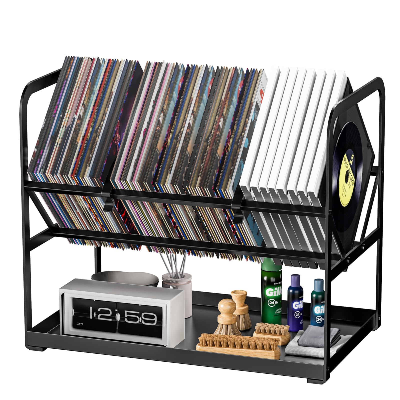 Vinyl Record Holder Stand, 80-100 LP Vinyl Record Storage Rack Shelf with Dividers, Quick Assembly, Record Rack Display Album Holder Vinyl Record Organizer for Magazine, Book, Files(Black)