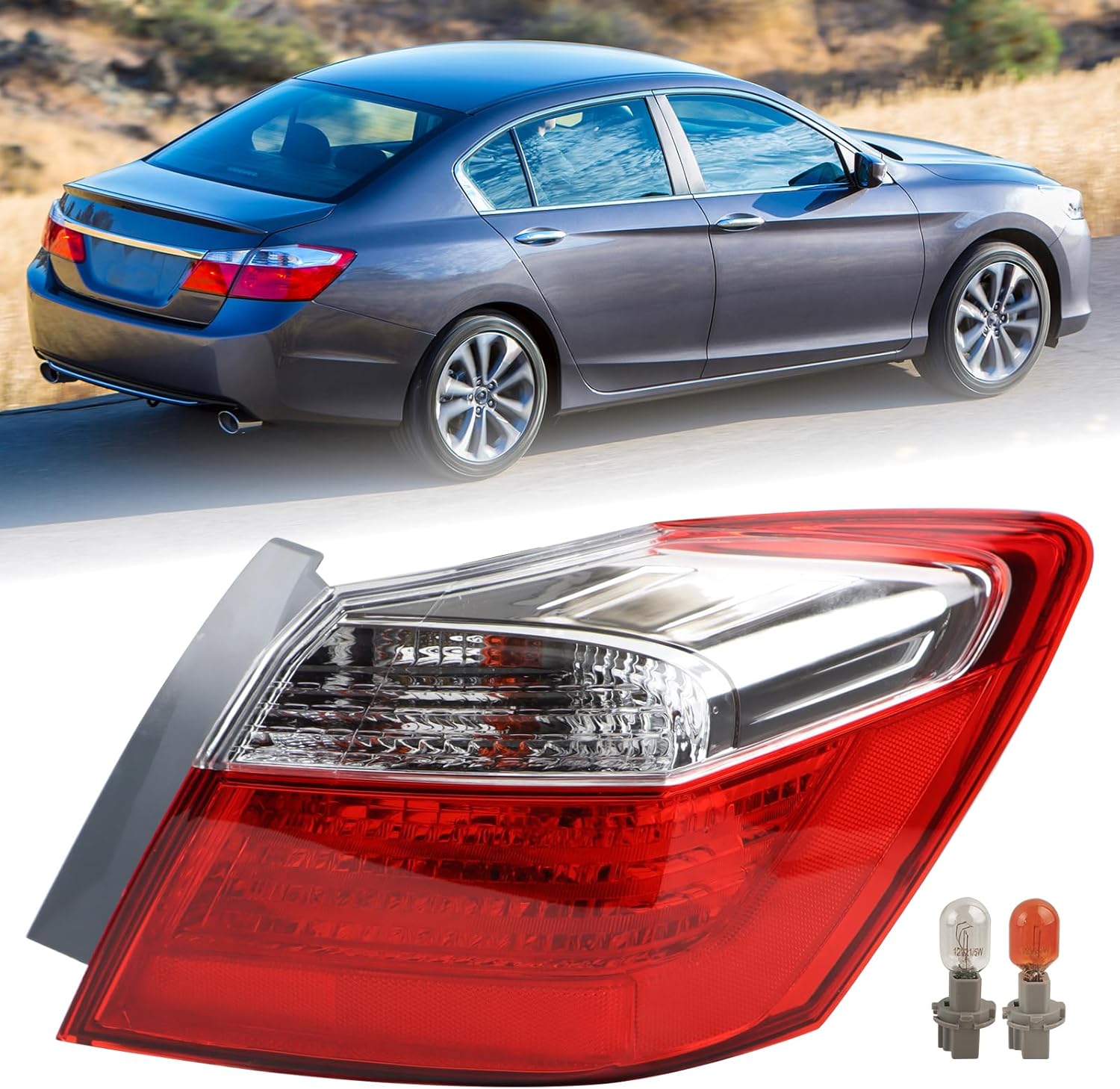 LH Halogen Type Tail light Fit for 2013 2014 2015 Honda Accord Sedan EX/LX/Sport Rear Lamp Assembly Left Driver Side With Bulbs Non-LED HO2804101 33550-T2A-A01
