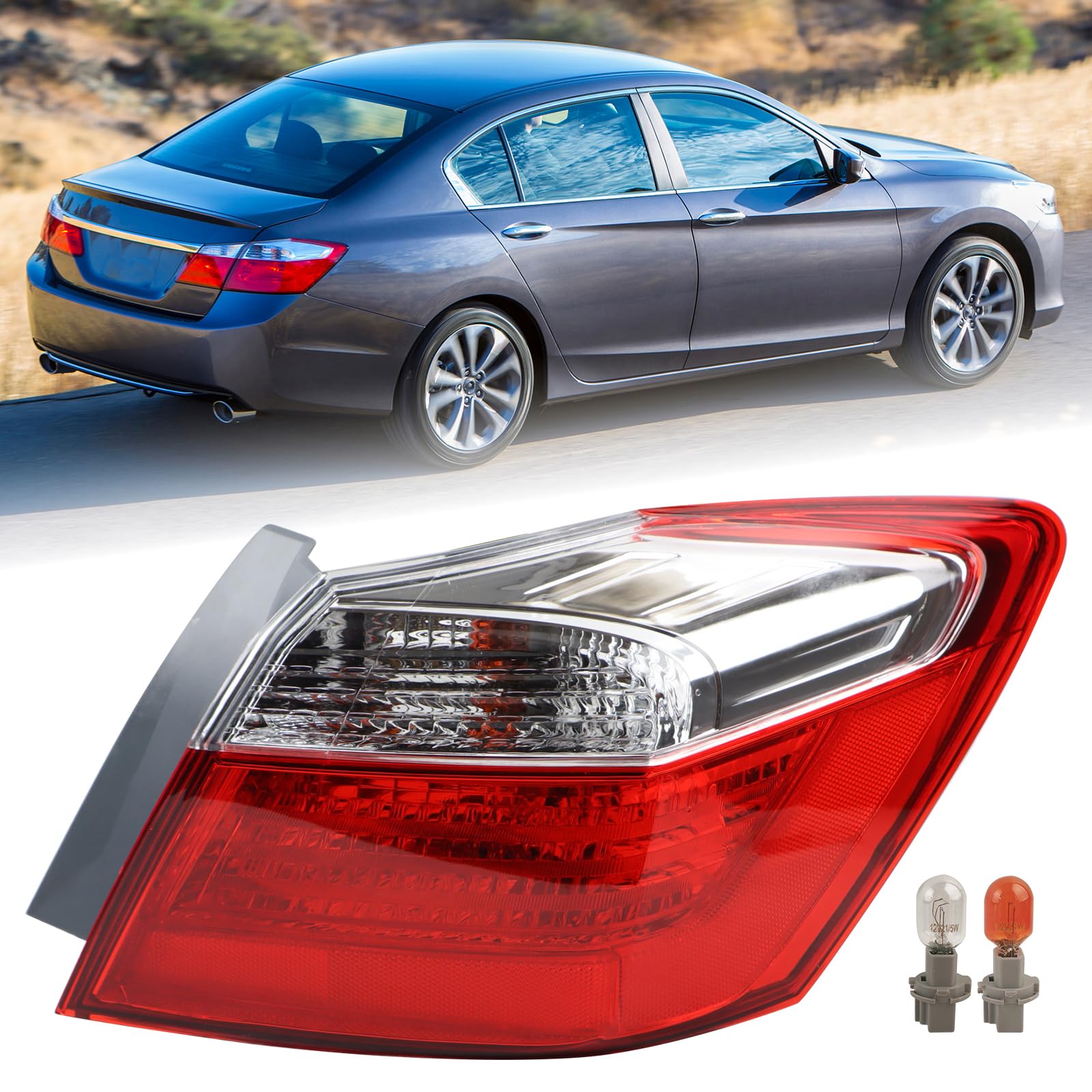 KAMDKI RH Halogen Type Tail light Fit for 2013 2014 2015 Honda Accord Sedan EX/LX/Sport Rear Lamp Assembly Right Passenger Side With Bulbs Non-LED