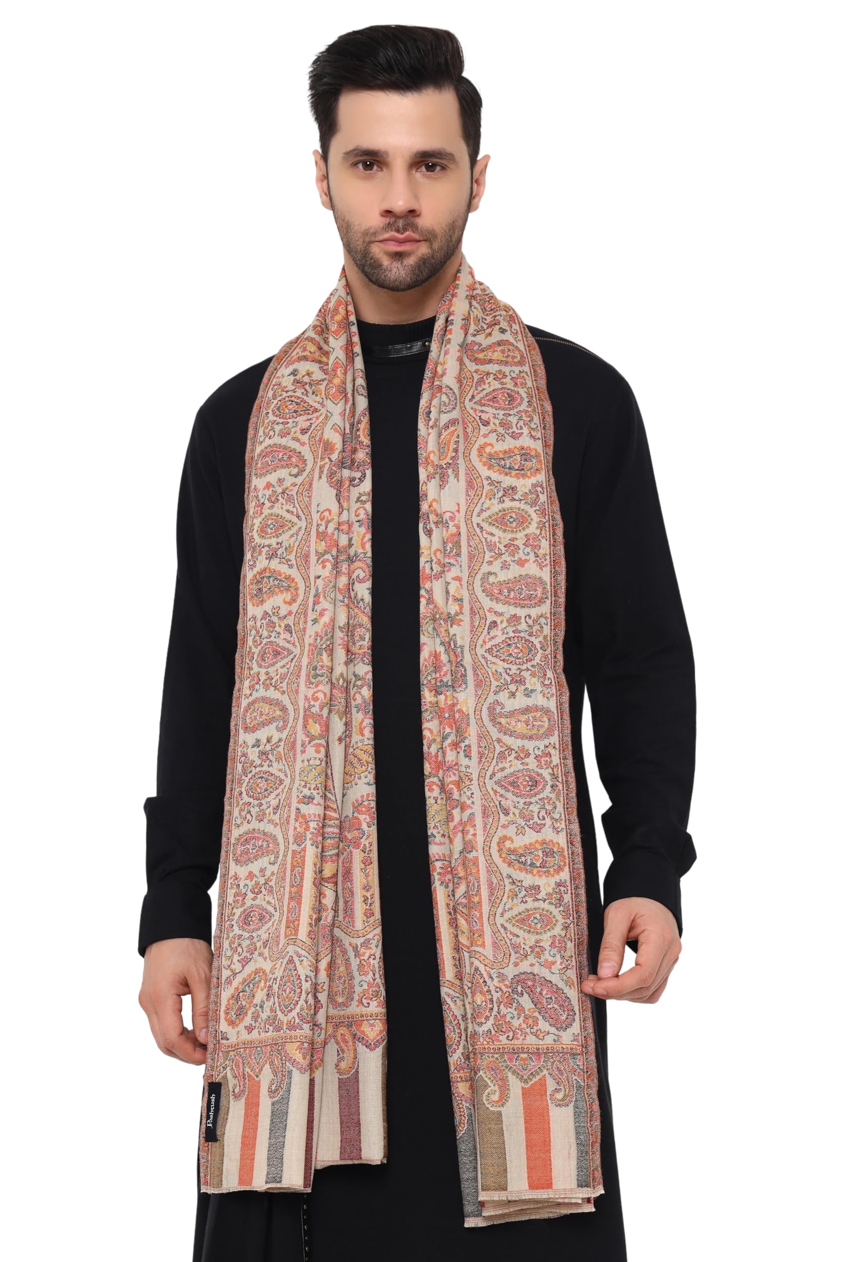 pashtush Mens Extra Fine Wool Stole, Paisley Weave Design, Beige-picture-54