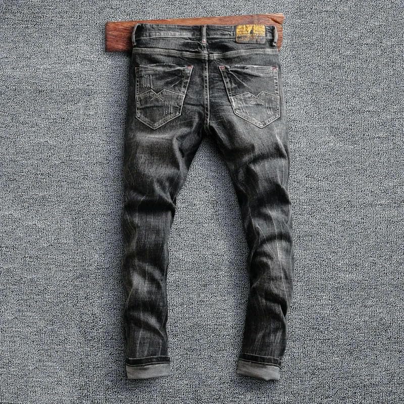 Men Jeans Retro Black Gray9 Elastic Slim Fit Ripped Jeans Mens Trousers Vintage Designer Casual Denim Pants4