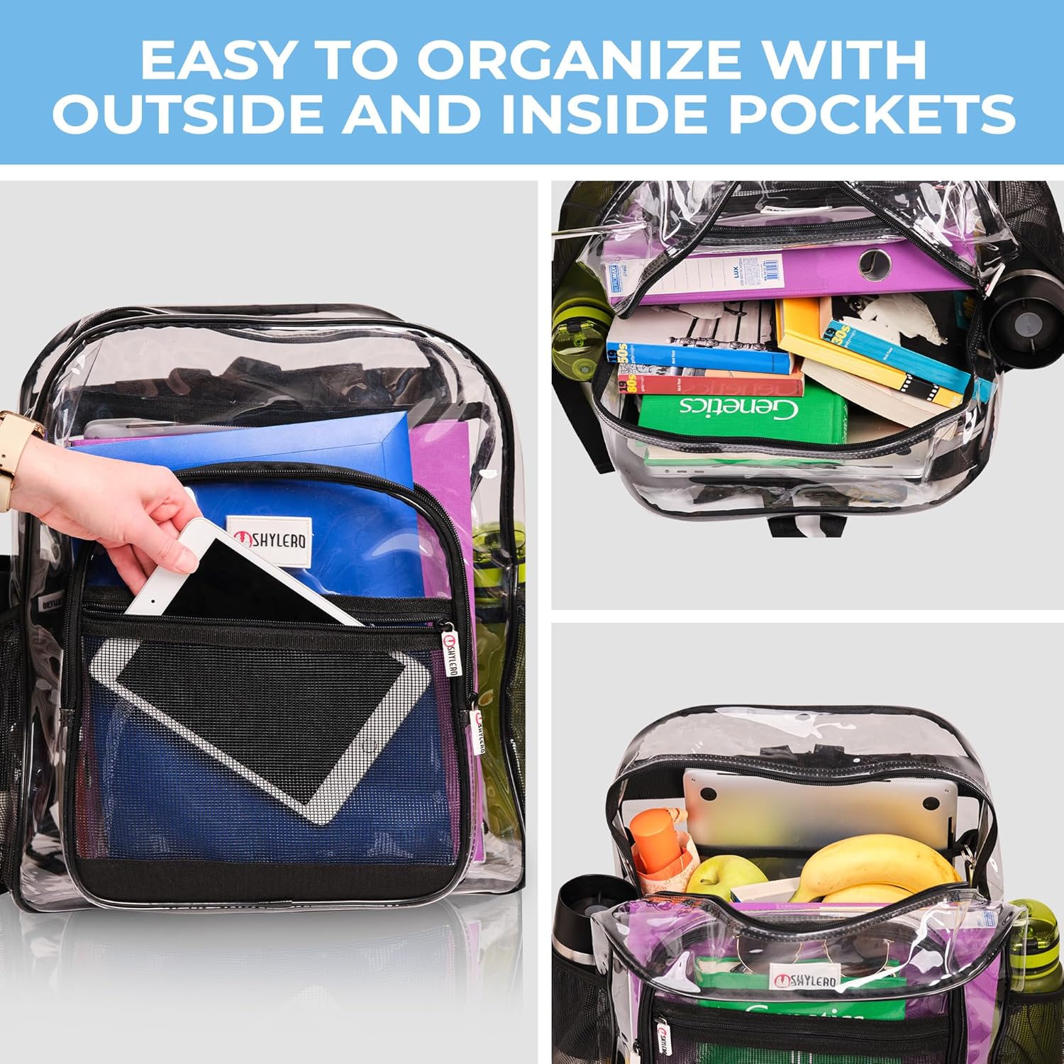 Clear Backpack Heavy Duty has TSA Lock, 2-Way Zipper. PVC Transparent Backpack X-Large - H18''xW14''xD8 - Black - Image 9