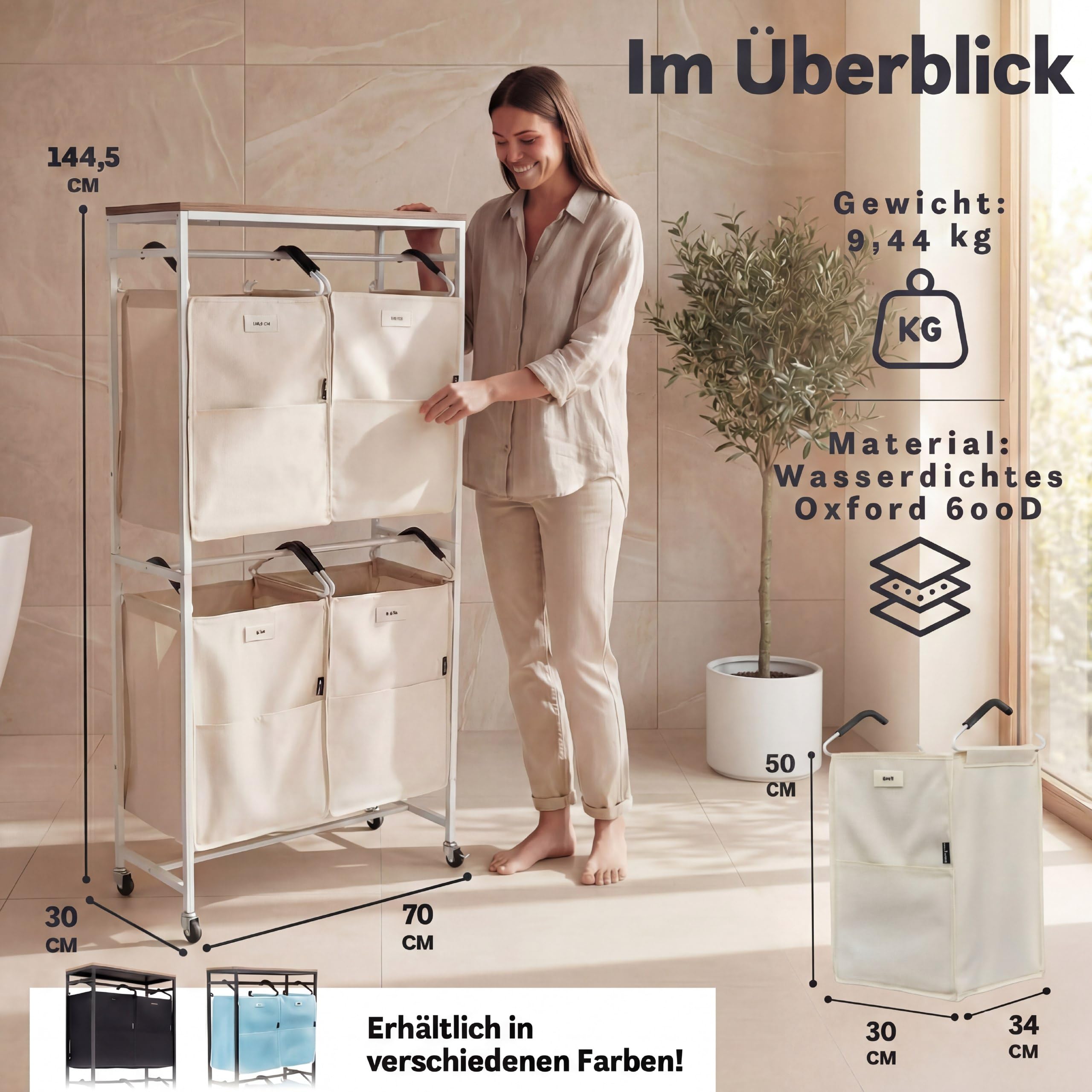 Wäschesammler Organizer mit abnehmbaren Taschen 200L Volumen [mehr Ordnung] Wäschekorb 2 Fächer, Wäschekorb 4 Fächer, Wäscheschrank | Wäschesortierer jetzt auswählen (Beige, 4 Taschen)