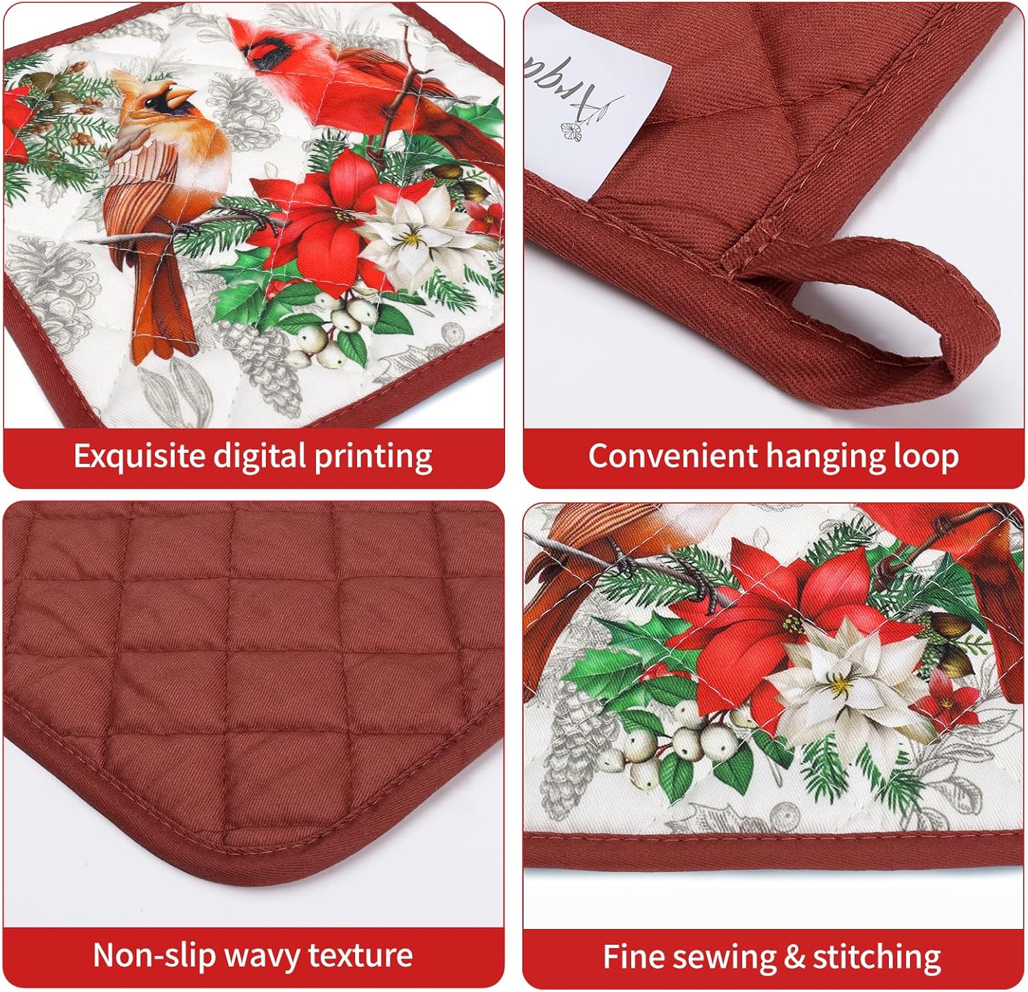 Christmas Cardinal Oven Mitts and Pot Holders Sets 4Pcs, 100% Cotton Heat Resistant, Extra Long Oven Gloves Potholder for Kitchen Cooking Baking Decoration - Image 3