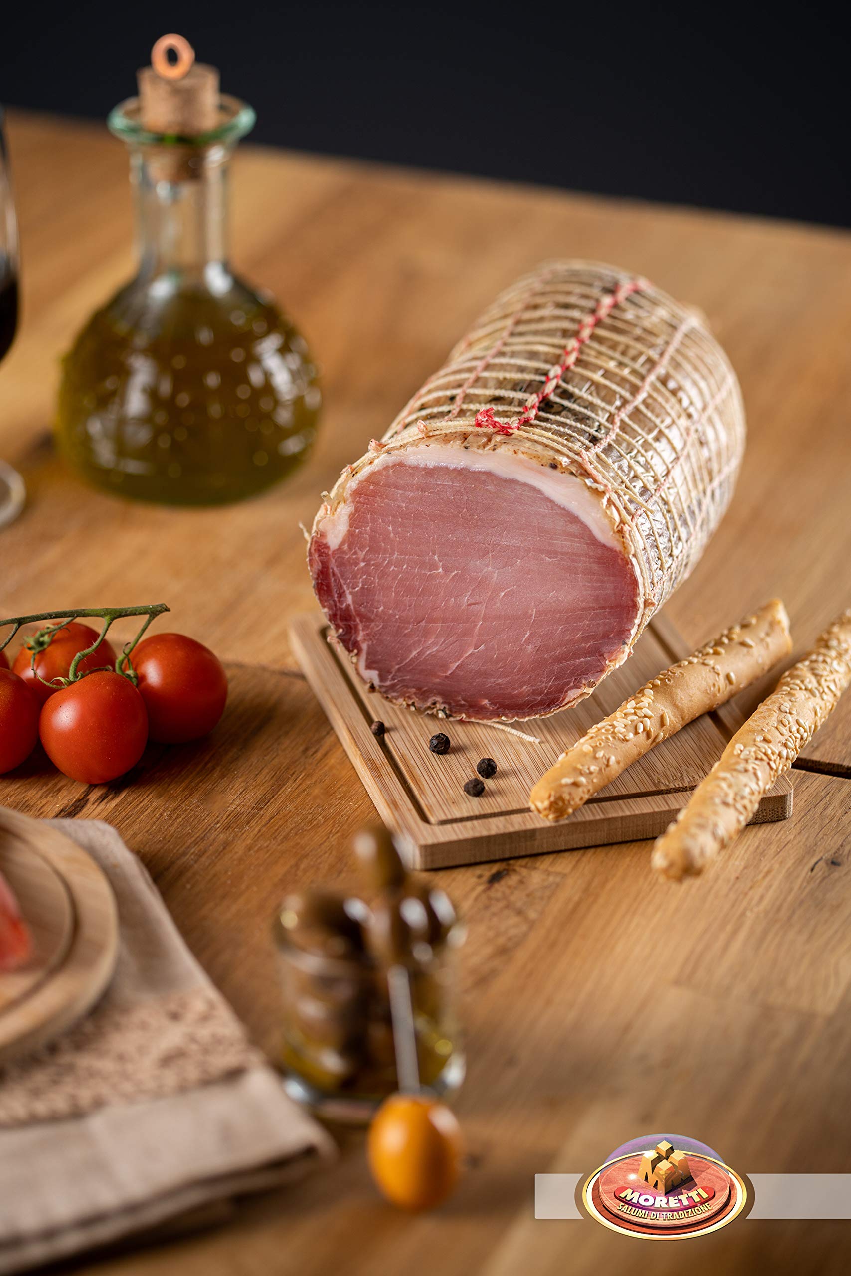 Moretti® | Lomo | Bresaola de cerdo | Envasado al vacío alrededor de 800g / 900g | Filete magro seco sazonado artesanalmente | Sin OMG | En tabla de cortar de madera de aliso de regalo