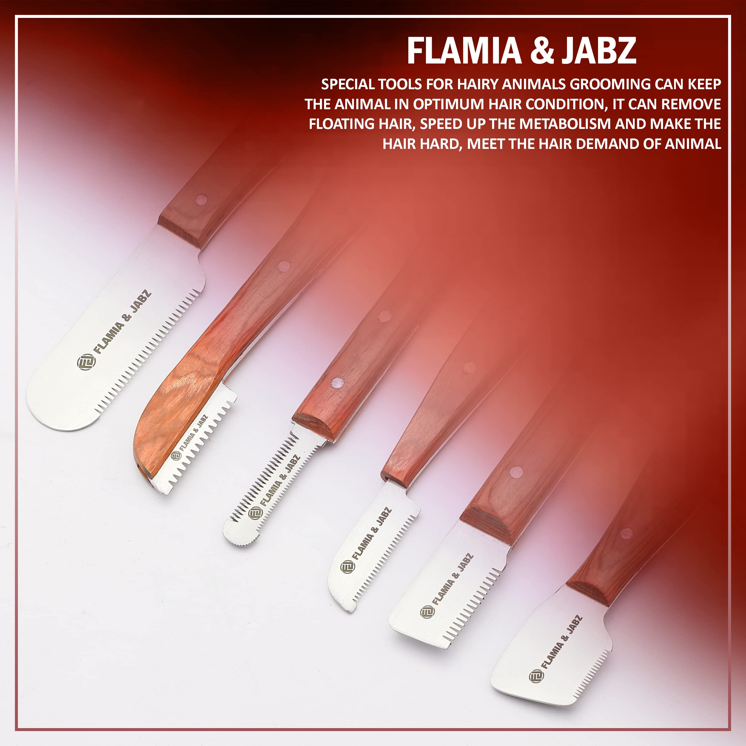 FLAMIA & JABZ Kit spelafili professionale (set da 6 pezzi) per cani e animali domestici, manico in legno con lama in acciaio inox (destrorsi) (arancione)