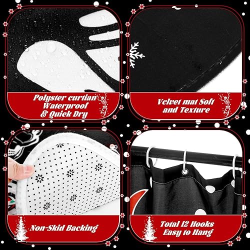 Miniatura 4 de Newwiee Juego de 7 piezas de cortina de ducha de Navidad, cortina de ducha antideslizante, alfombras y toallas de cocina, 3 accesorios de decoración