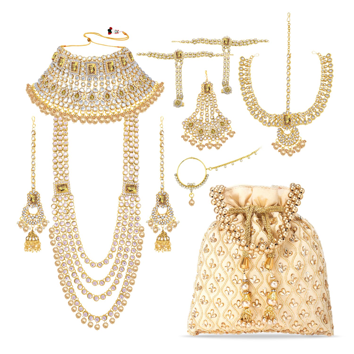 Peora Conjunto de joyería étnica tradicional india Kundan Dulhan para novias, regalo para mujeres