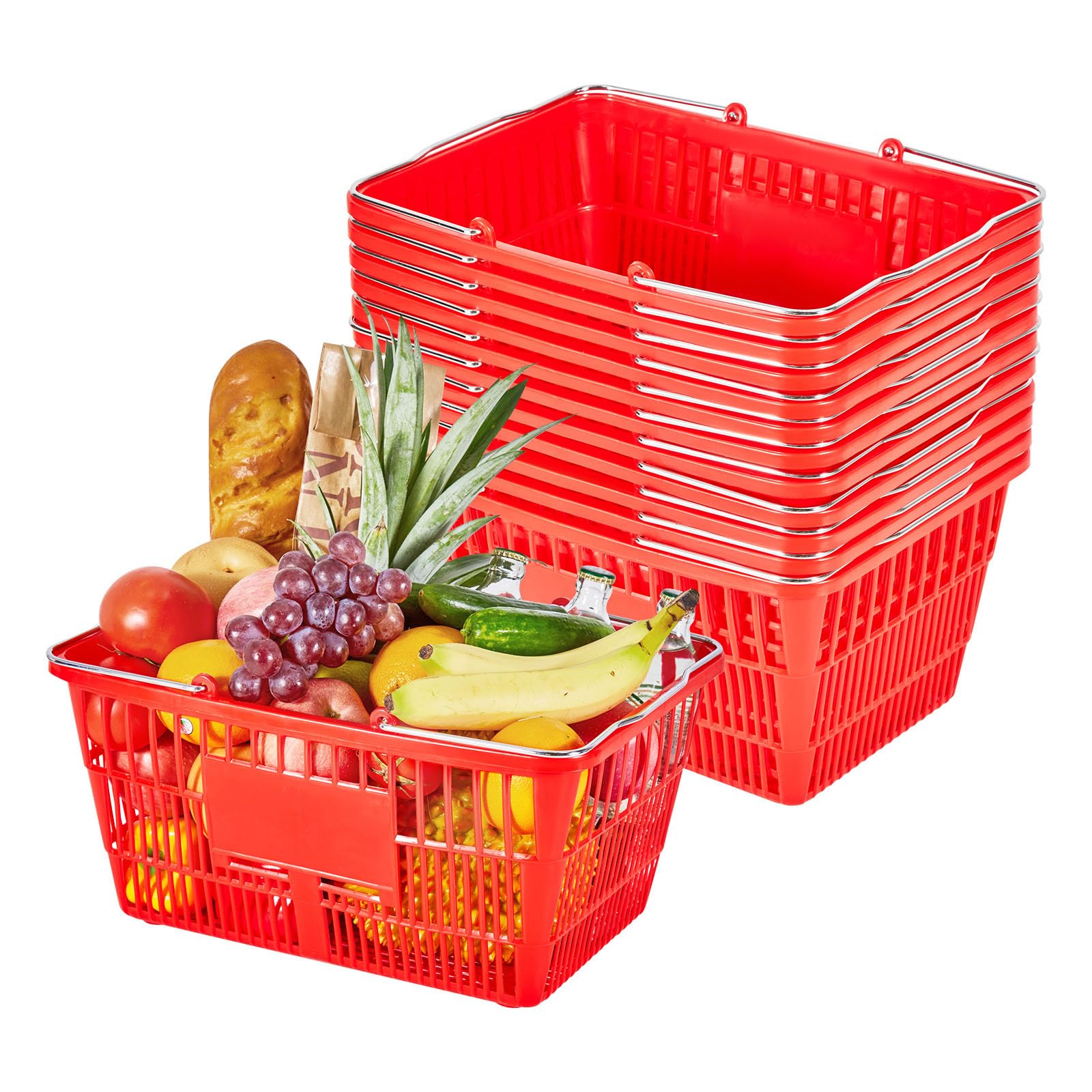 VEVOR Shopping Baskets, 12 PCS, 21L Stackable PE Plastic Grocery Baskets with Metal Handles, Dense Mesh Structure, Holds up to 20 lbs, Portable for