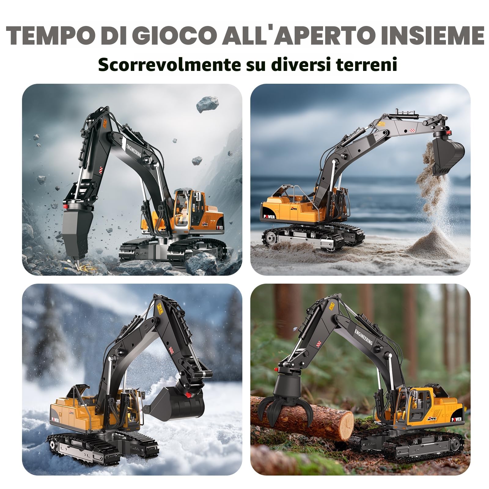 GraceDuck Escavatore Radiocomandato 3 in 1, 2.4GHz con Luci e Suoni - 680° Rotazione, Braccio Meccanico Funzionale e Cingoli Antiterreno - Giocattolo con 3 Accessori per Bambini 6-12 Anni