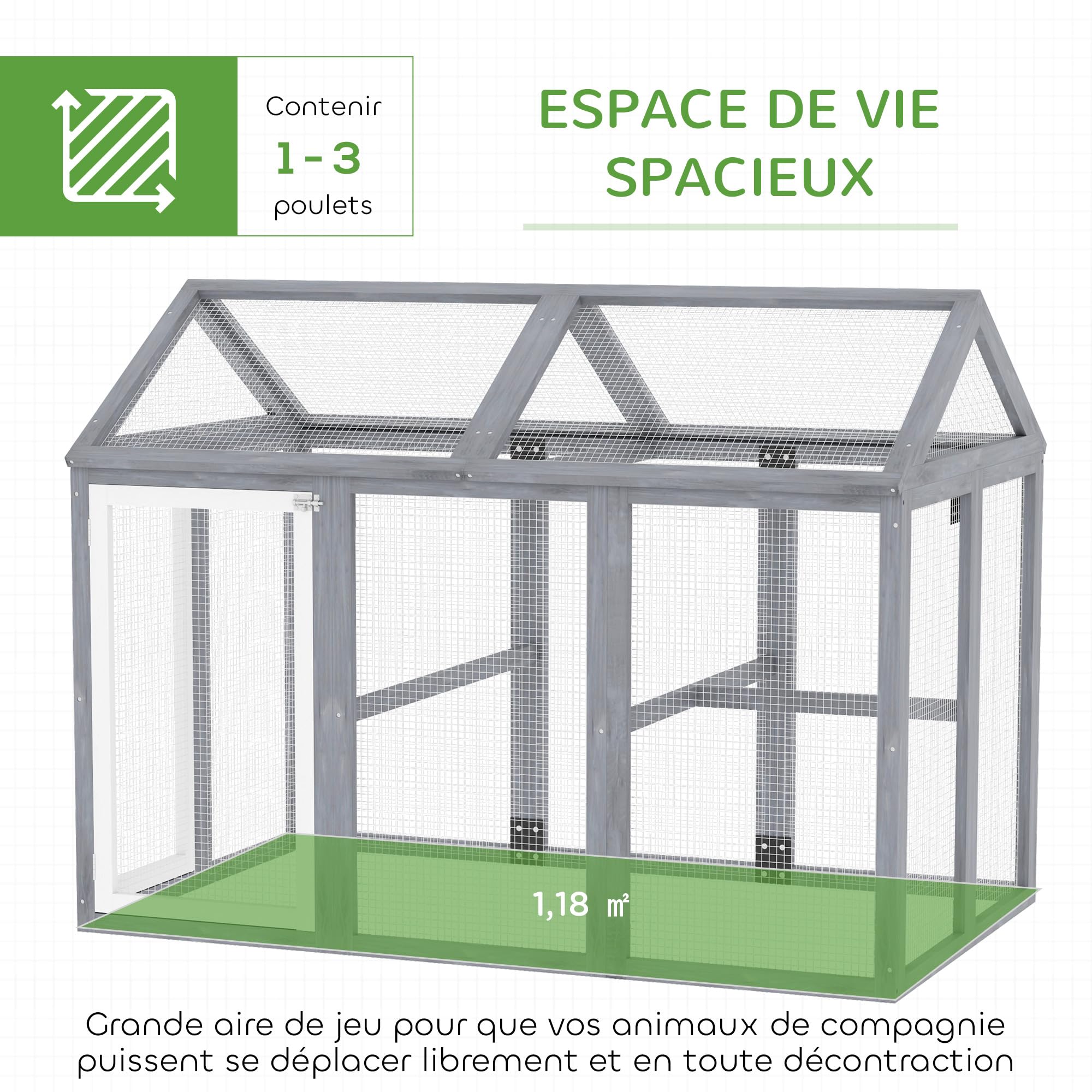 PawHut Enclos Poulailler 1,18 m² pour 1-3 Poules 140x88,5x106cm Gris | Parc à Poule Grillagé, Porte Verrouillables, Cadre en Bois Massif, Volière