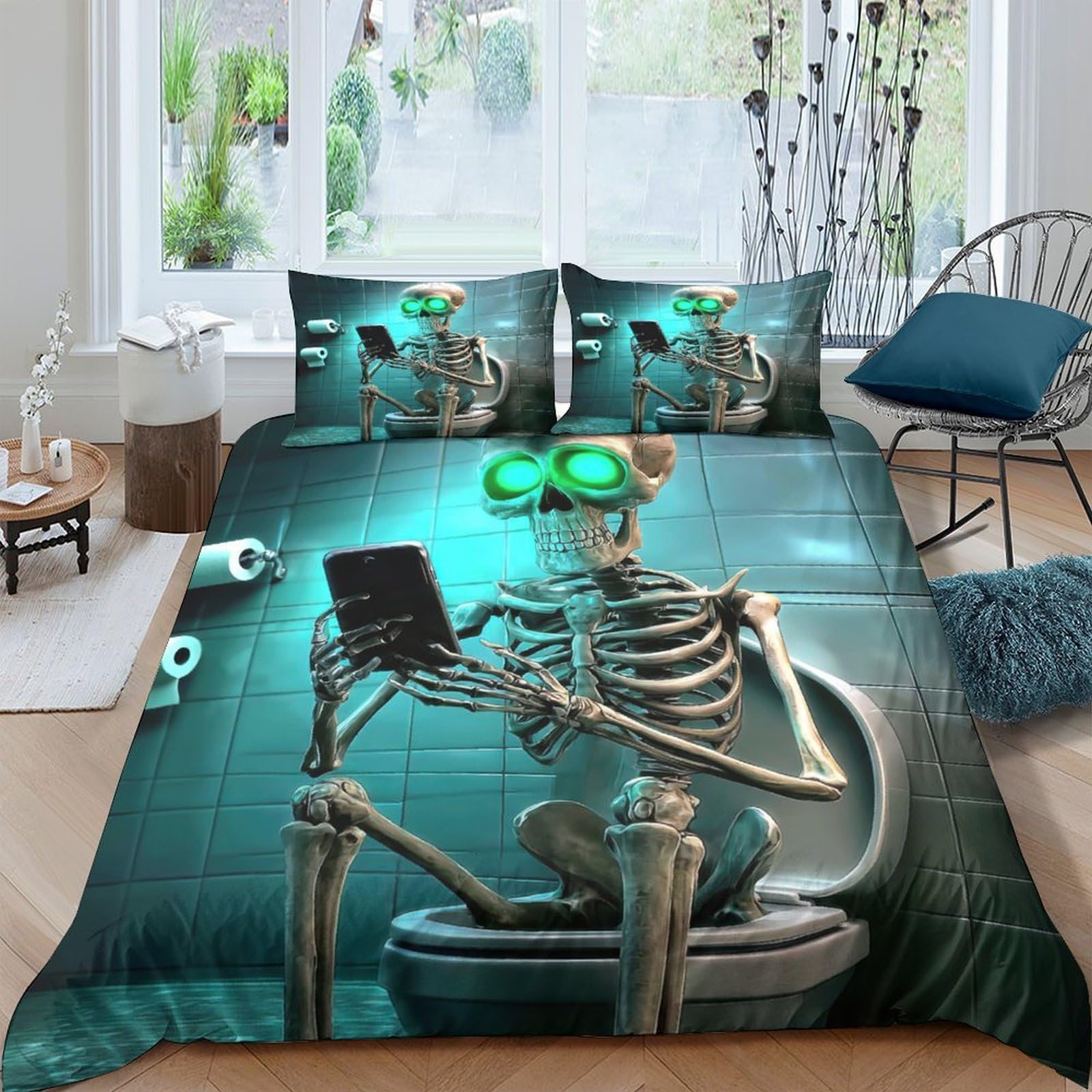 XFKLYNVCJ 3D Printed Funny skeleton Bedding Cover Microfiber Glowing eyes humor style Comforter Cover Hypoallergenic Fade Resistant Couples Home Use Single（140x200cm）