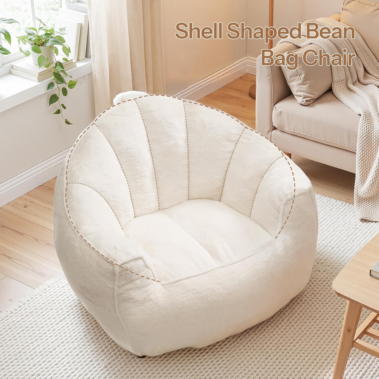 HOOBRO Bean Bag Chair, Oversized Bean Bag Sofa for Adults, Comfy Faux Fur Reading Chair with Memory Foam Filling, Stuffed Large Lounge Floor Sofa for Bedroom, Corner, White WT01SO01 - Image 3