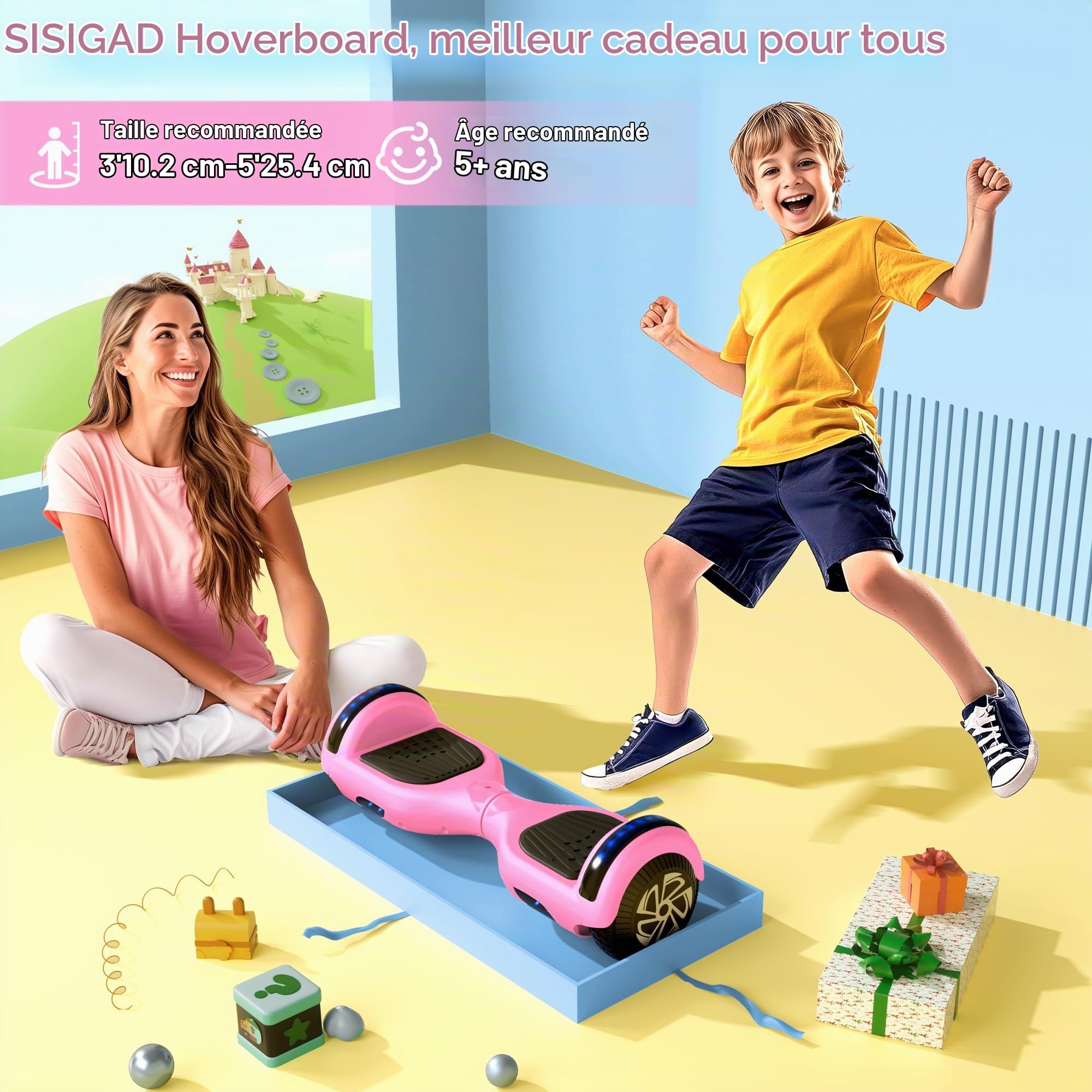 SISIGAD Hoverboard, Auto-équilibré Gyropode électrique 6.5 Pouce Hoverboard Hover Scooter Board avec Musique Bluetooth, lumières LED pour Enfants et Adolescents