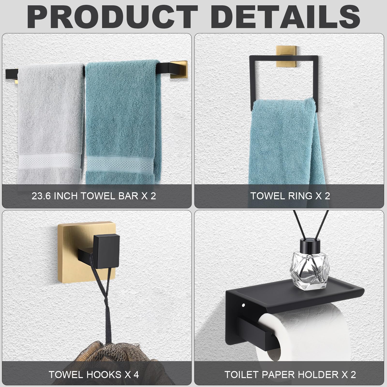 Blulu Juego de 10 soportes para toallero de baño de 23.6 pulgadas, gancho para bata, soporte para papel higiénico, juego de accesorios de baño de acero inoxidable, kit de accesorios de baño montado en