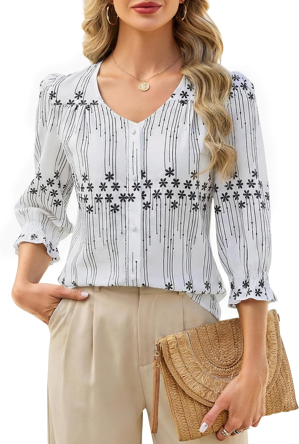 Blooming Jelly Women Blouse Dressy Casual 3/4 Length Sleeve Tops Business Button Down Shirts Spring Floral Boho Clothing