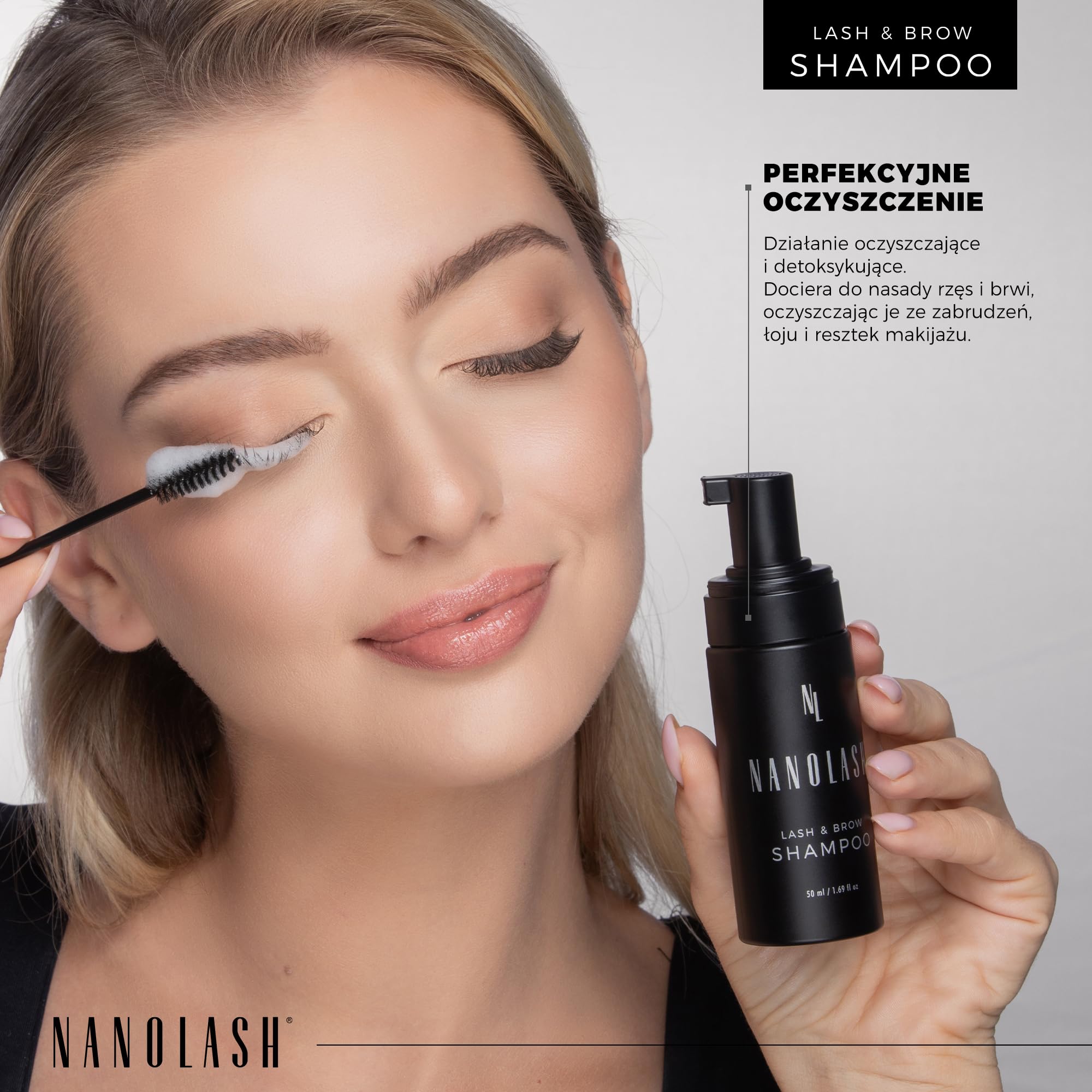 Szampon do rzęs i brwi Nanolash 50 ml - oczyszczający szampon do rzęs i brwi, pianka do mycia rzęs i brwi, szampon do przedłużania rzęs