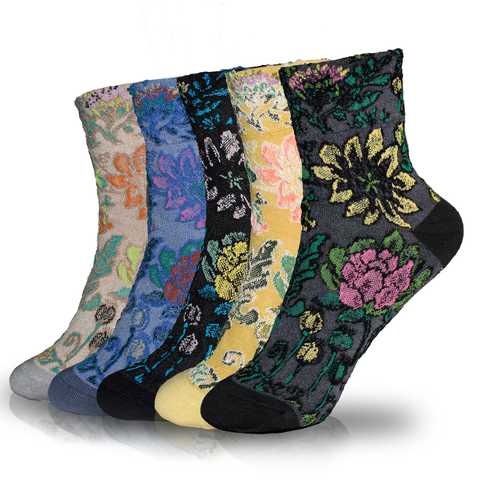 Ao Yee ZGL 5 Pairs Women's Floral Cotton Vintage Pattern Crew Novelty Ankle Ruffle Warm Casual Dress Socks