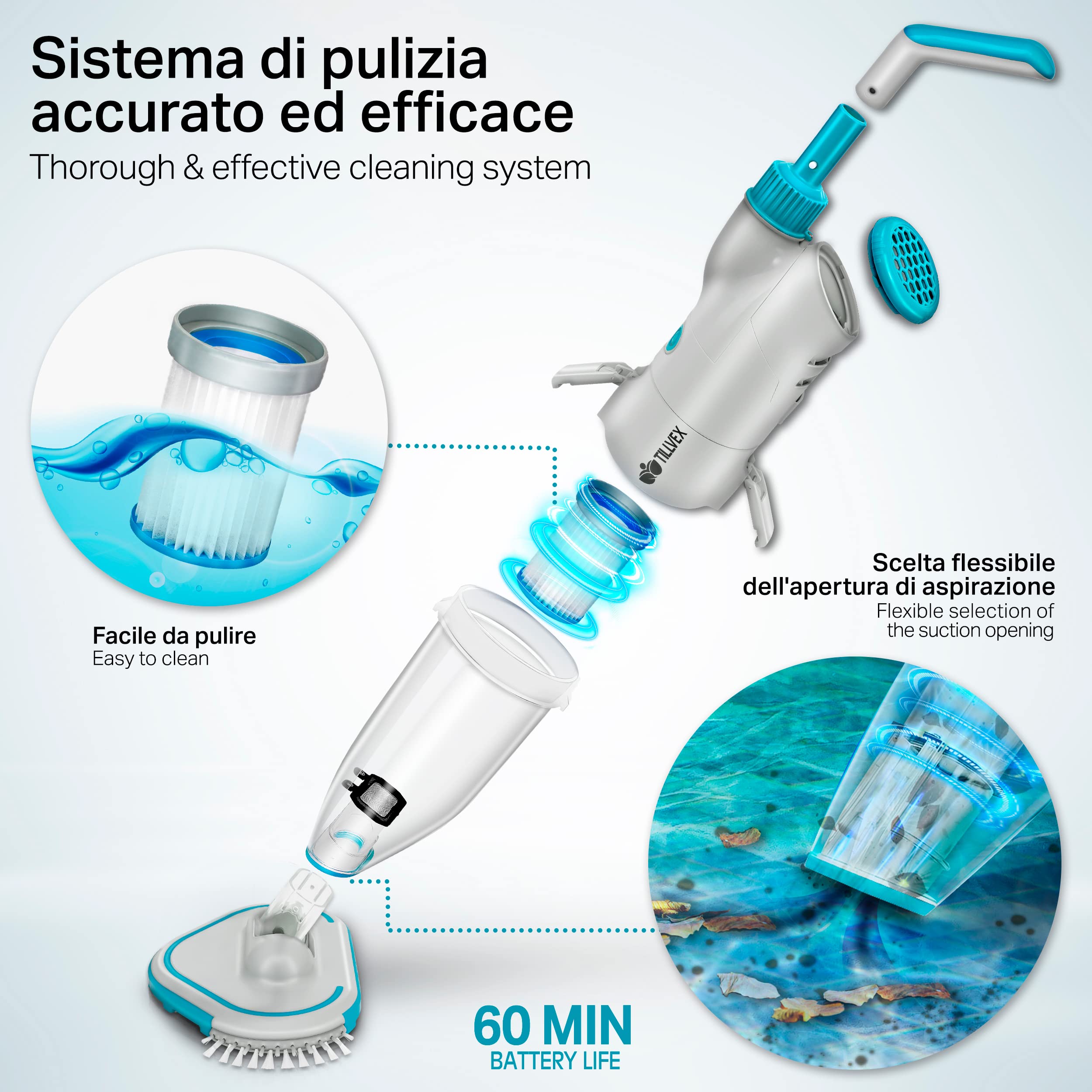tillvex Aspirapolvere per piscina con batteria, asta telescopica per piscina, con filtro e sistema a 2 velocità, set di pulizia senza fili (fino a 25 m³, senza asta telescopica)