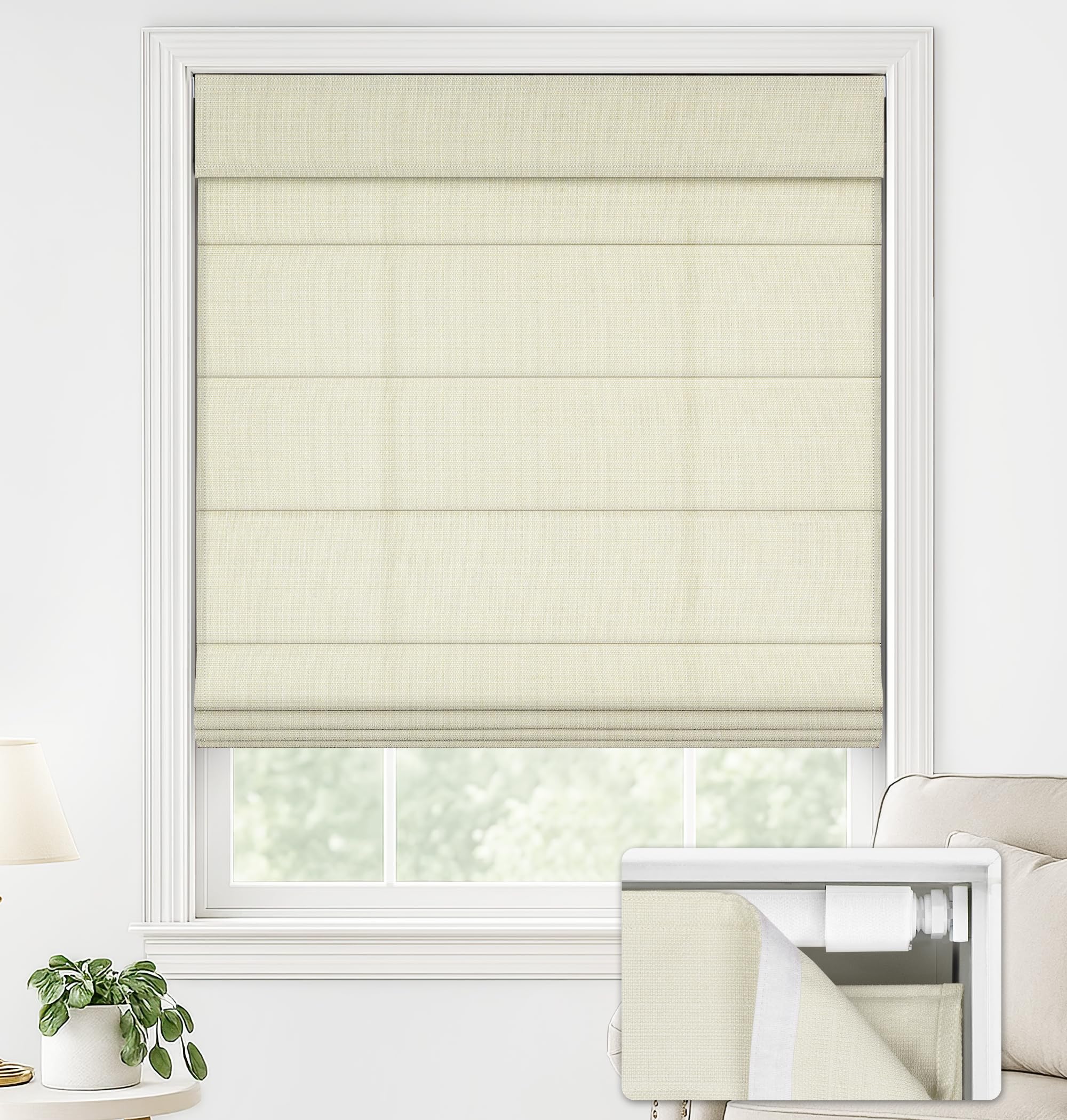 LazBlinds No Drill Roman Shades, Light Filtering, 20" W x 64" H, Cream