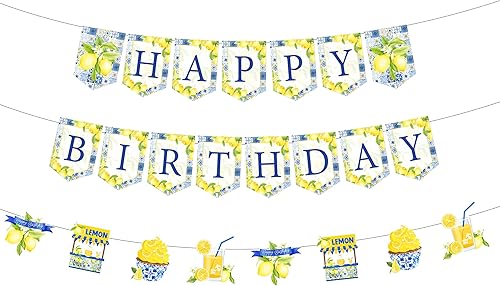 Cartel de feliz cumpleaños de limón con guirnalda de limón, azulejos azules y decoraciones de fiesta de cumpleaños de limón, suministros de fiesta