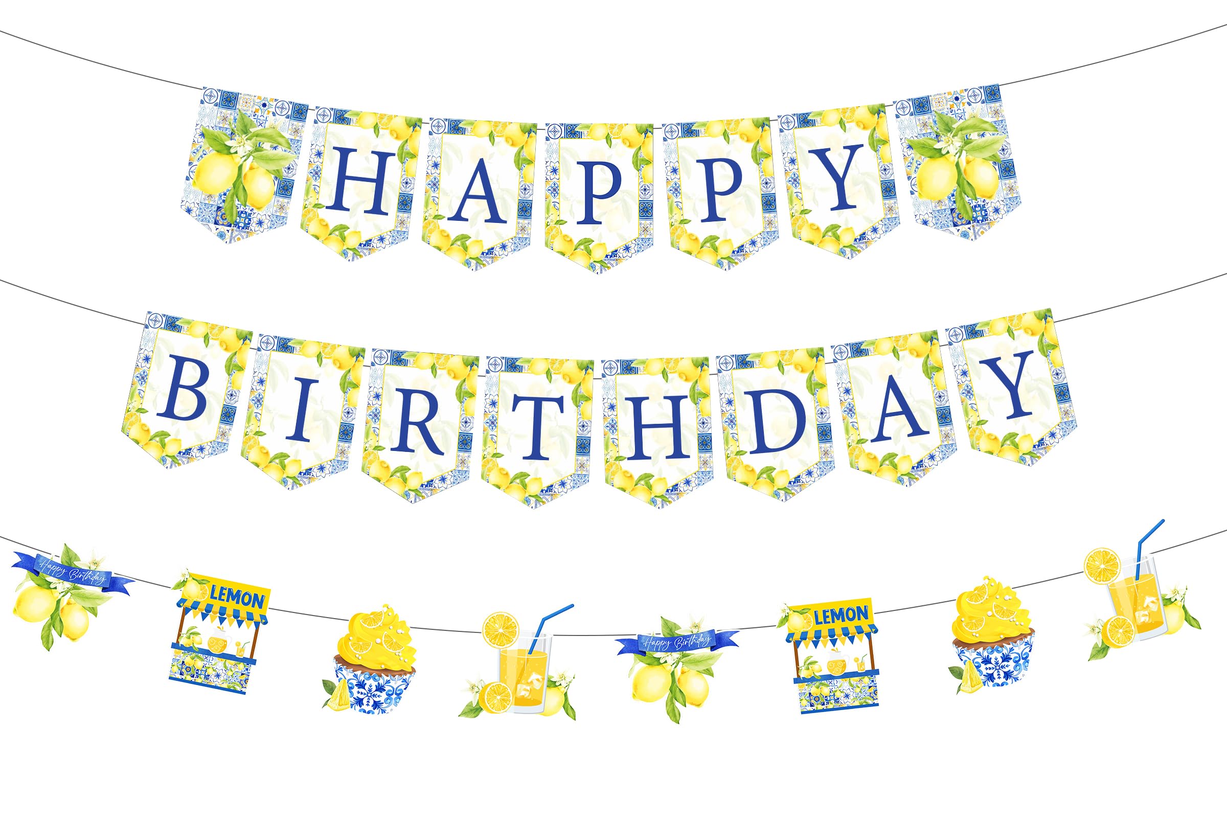 Lemon Happy Birthday Banner with Lemon Garland, Blue Tiles and Lemon Birthday Party Decorations, Capri Lemon Theme Party Supplies
