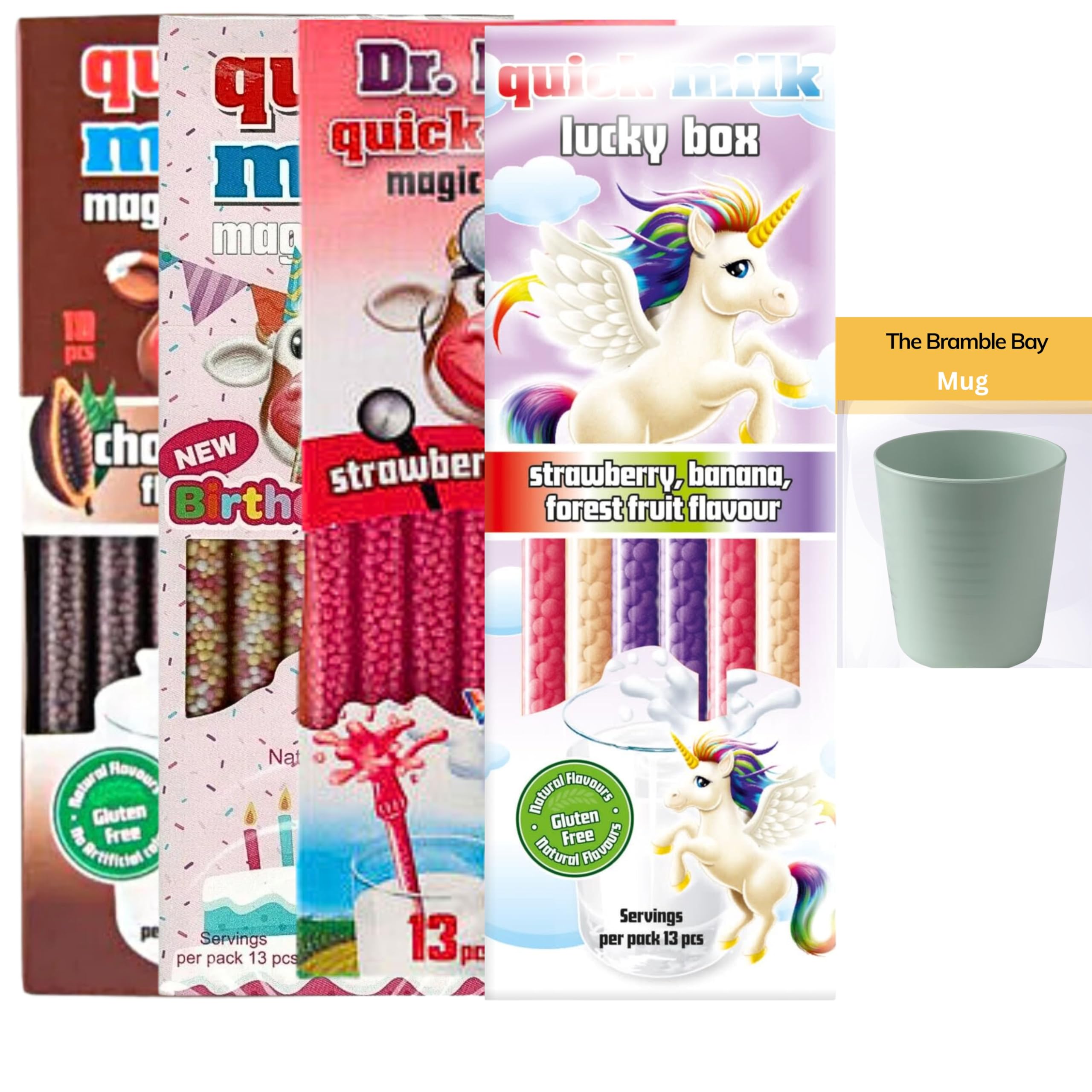 Milk Straws bundle Chocolate, Strawberry, Birthday Cake, Unicorn, 13 Straws Each Flavour, Total of 52, Mug