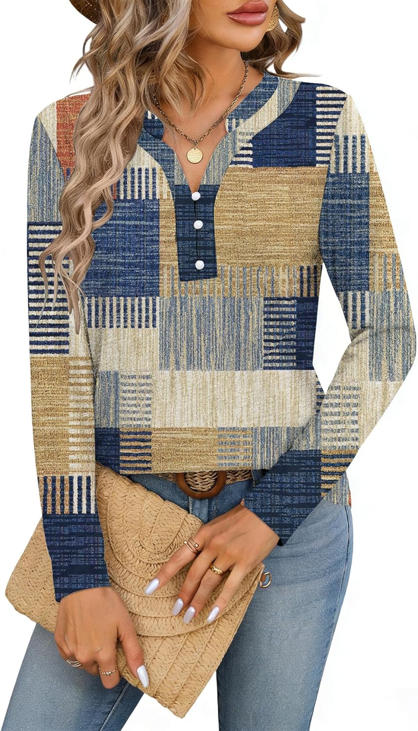 Chulianyouhuo Womens V Neck Long Sleeve Tops Button Fall Boho T Shirts 2026 Dressy Casual Tunic Blouse