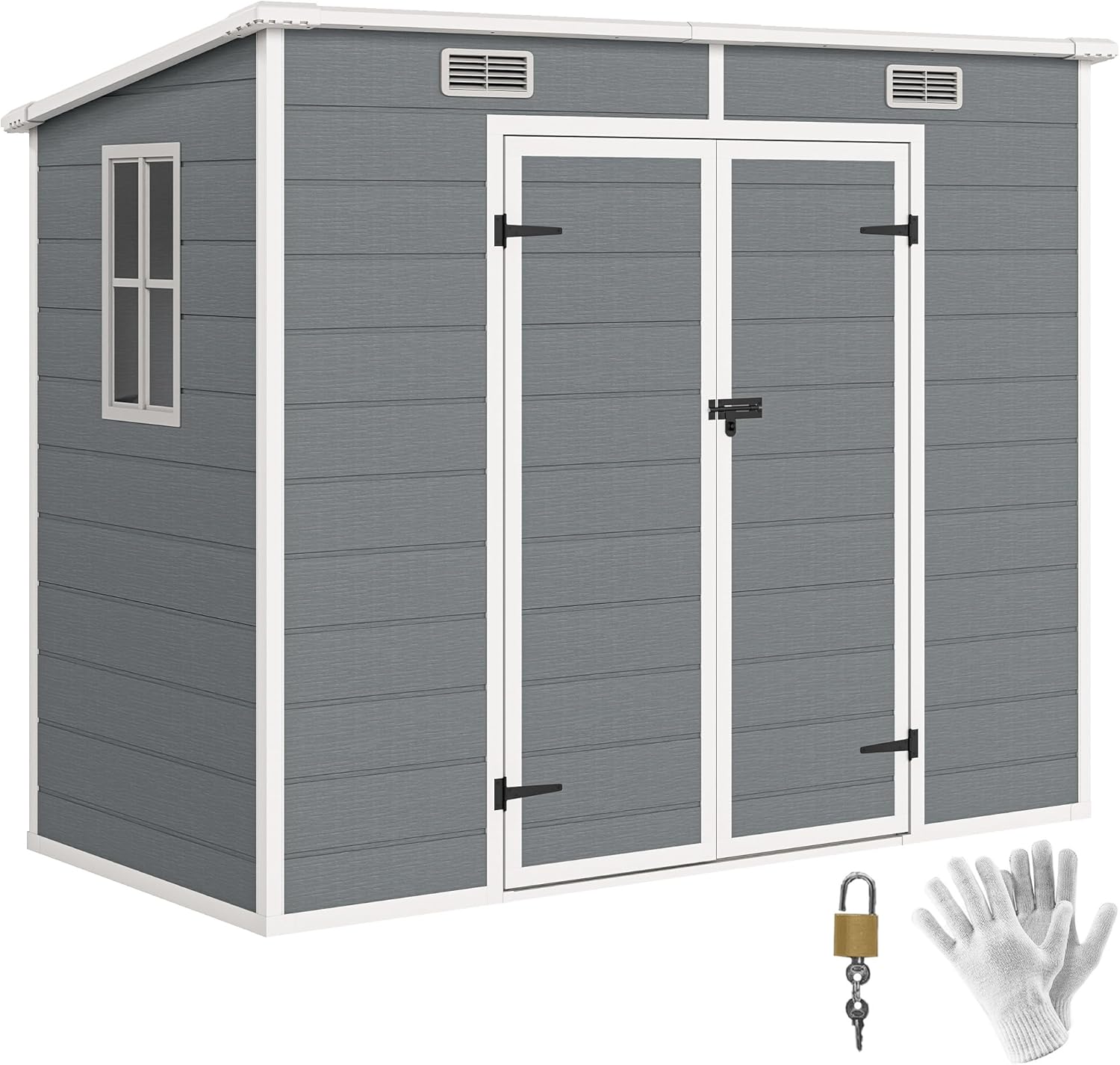 Front view of the assembled Outsunny 8' x 4' Outdoor Storage Shed in gray, featuring double doors, a side window, and vents. A lock and gloves are shown in the foreground.