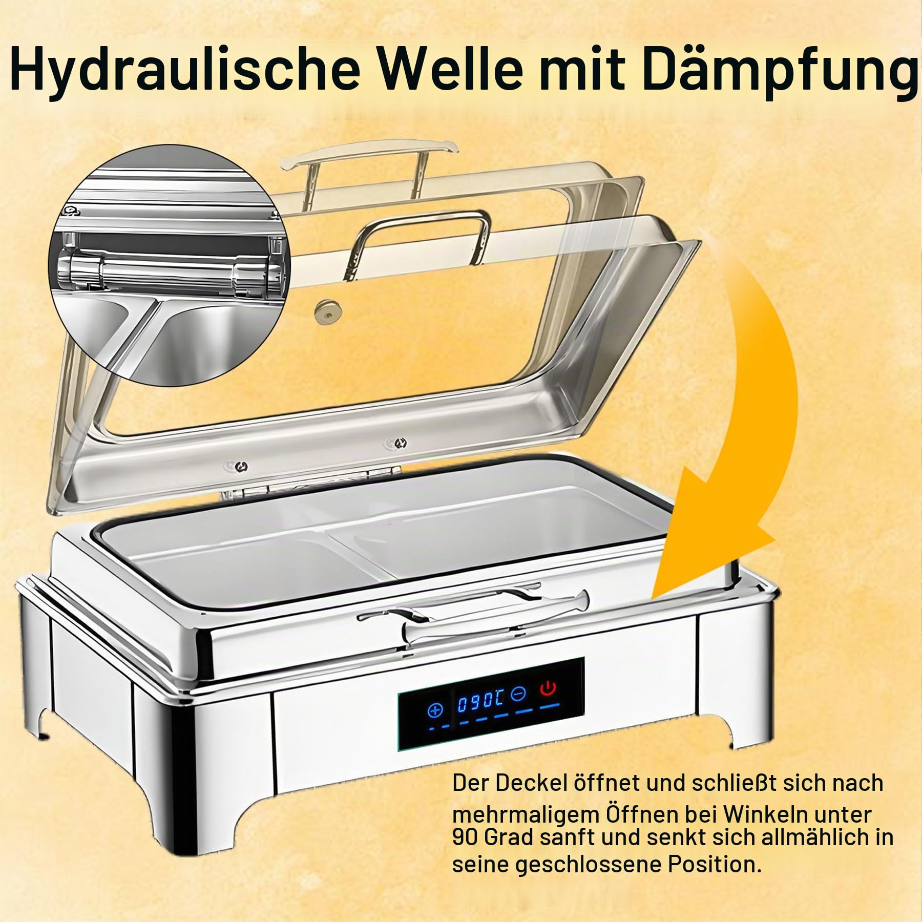 Chafing Dish Elektrisch, 9L Edelstahl Warmhaltebehälter Essen Buffet | Kommerziell Speisewärmer Buffetwärmer Elektrisch mit Sichtbarem Glasdeckel und Touchscreen-Temperaturregelung